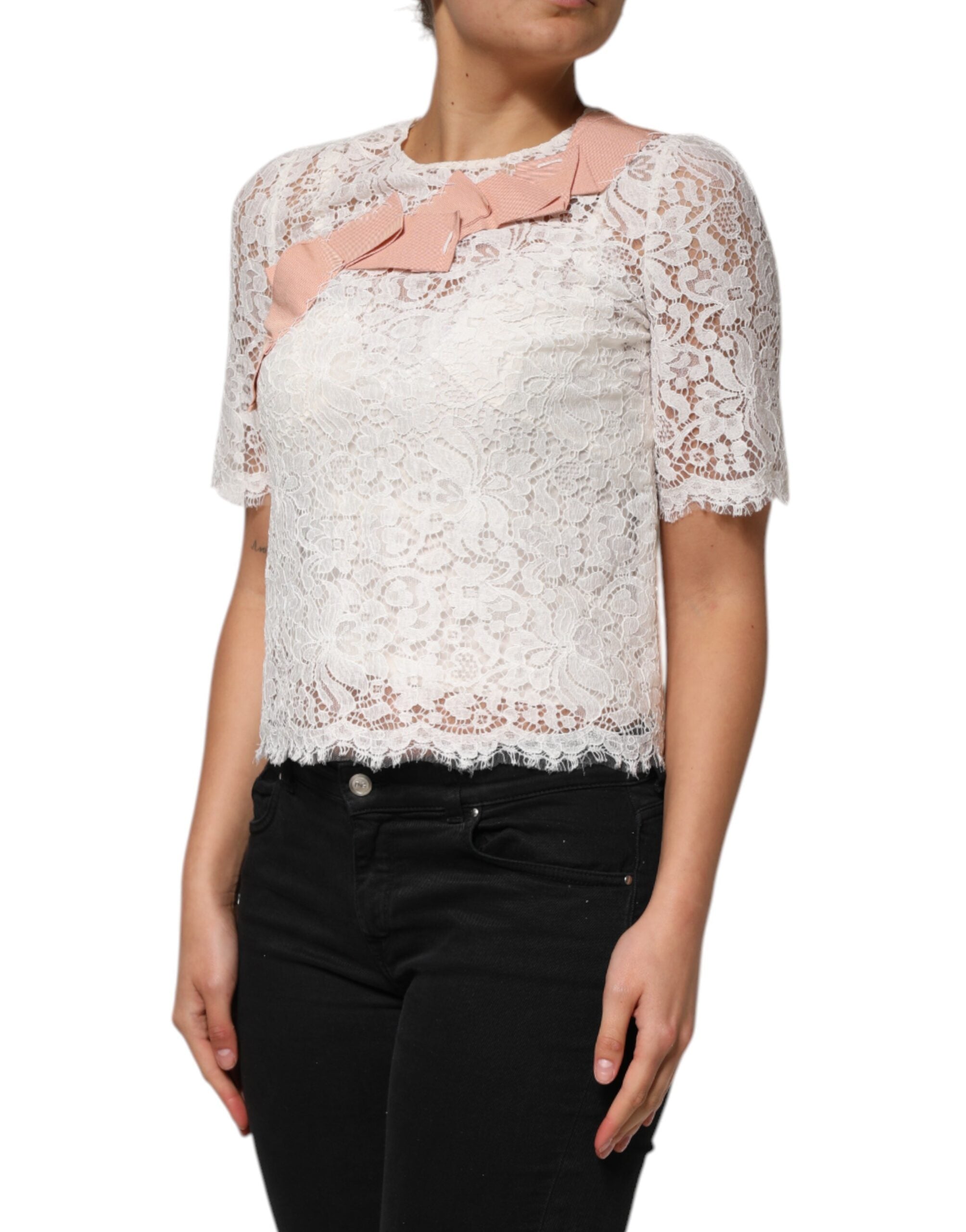 White Floral Lace Short Sleeves Blouse Top - ventzia