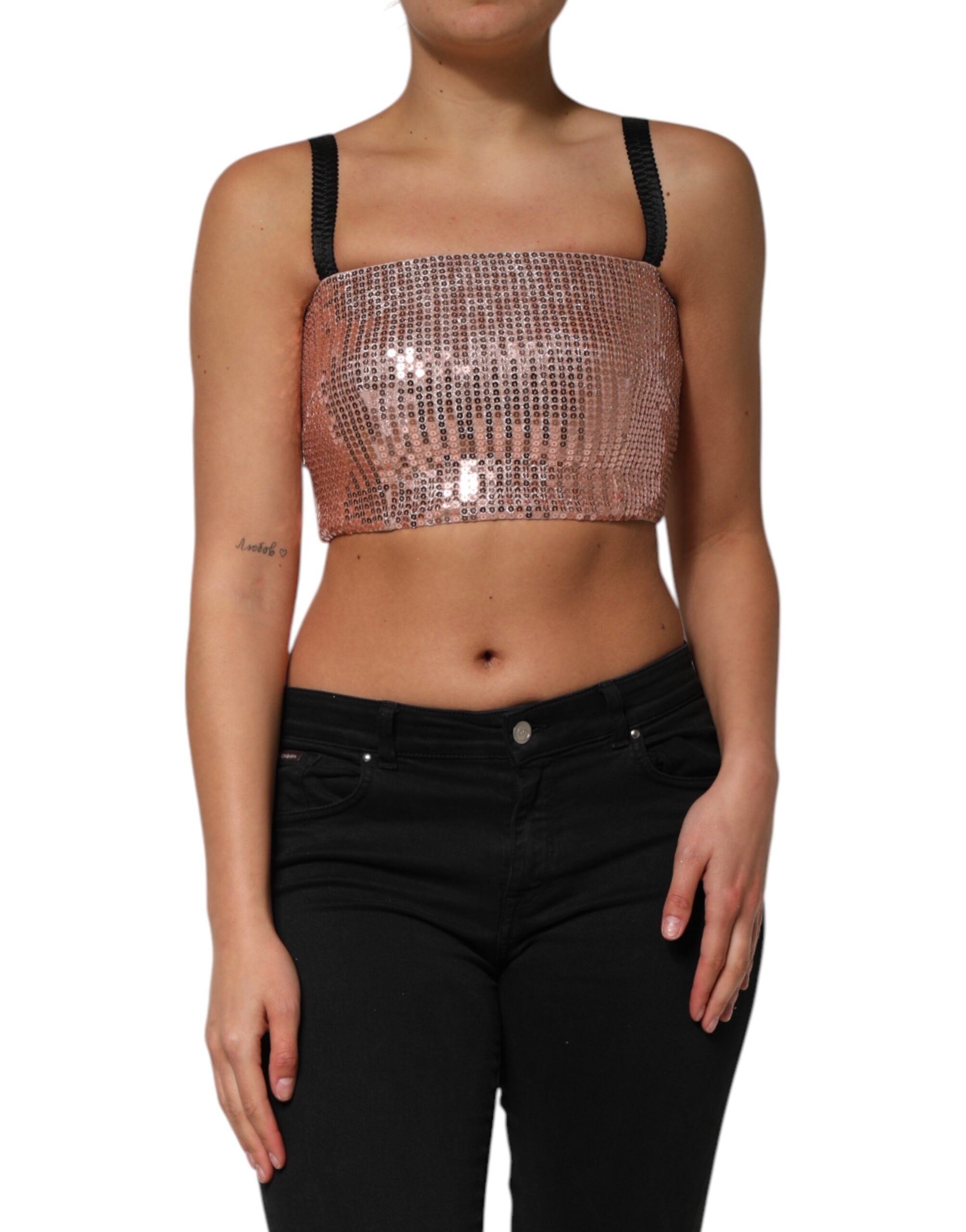 Pink Sequined Nylon Sleeveless Cropped Top - ventzia