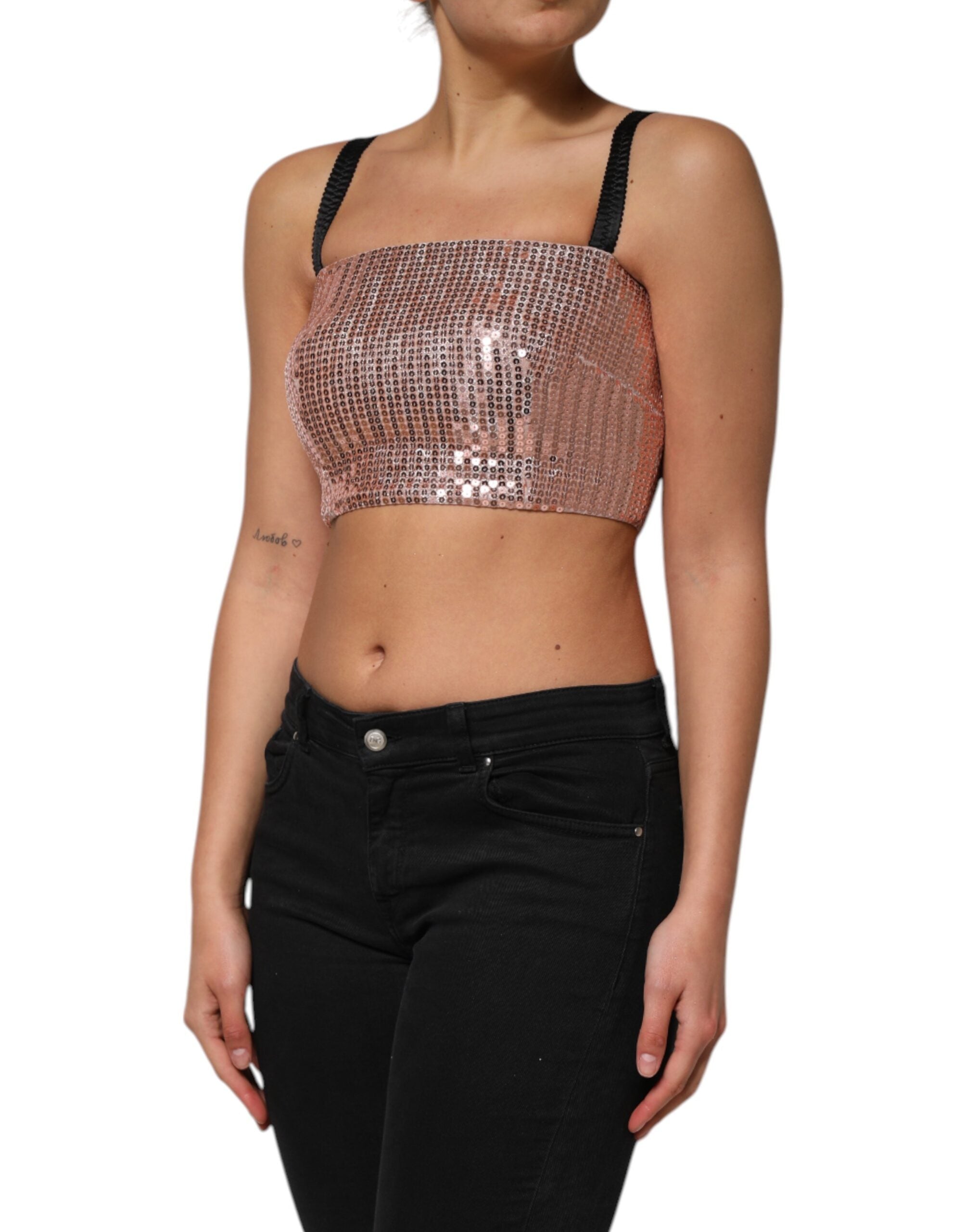 Pink Sequined Nylon Sleeveless Cropped Top - ventzia