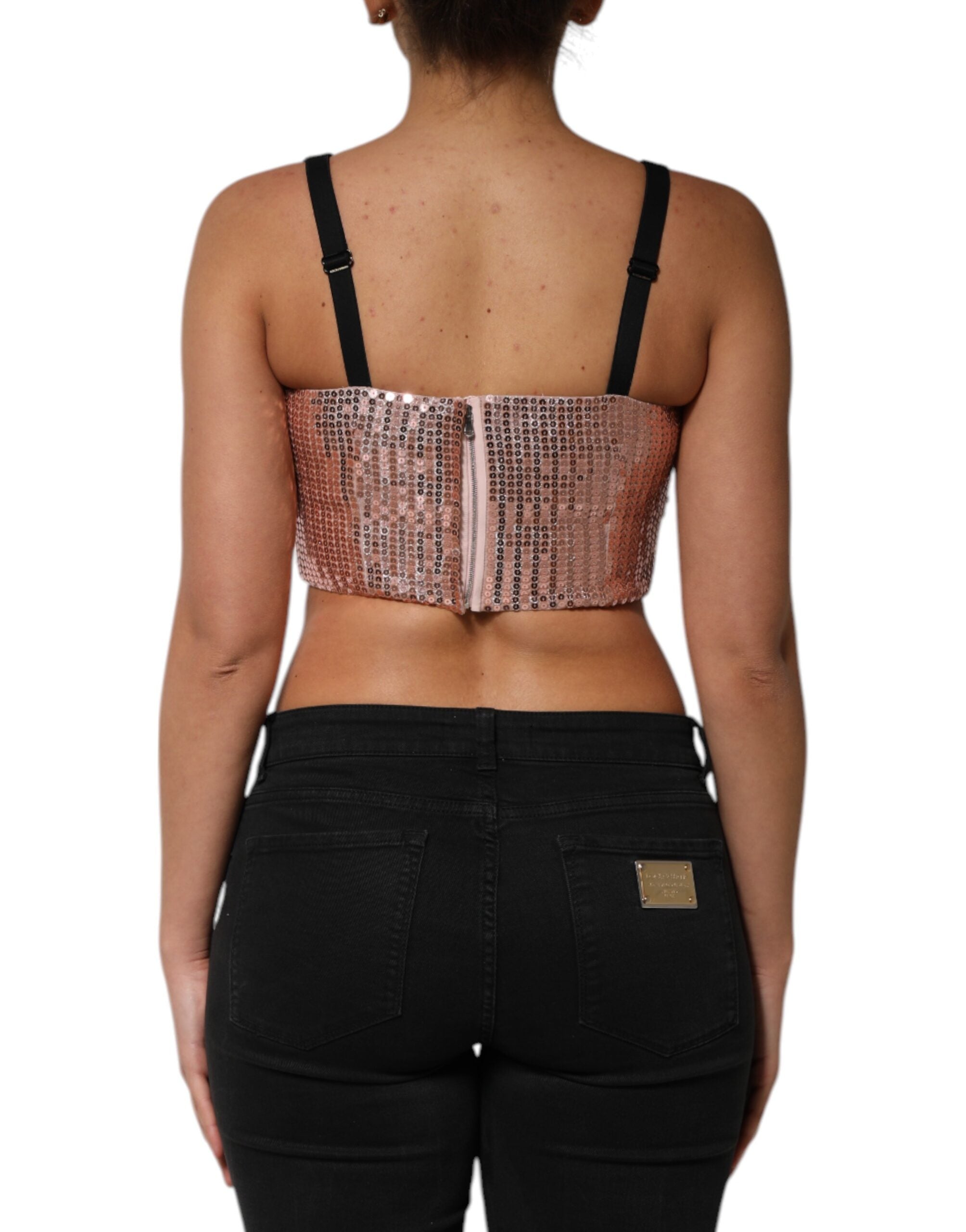 Pink Sequined Nylon Sleeveless Cropped Top - ventzia