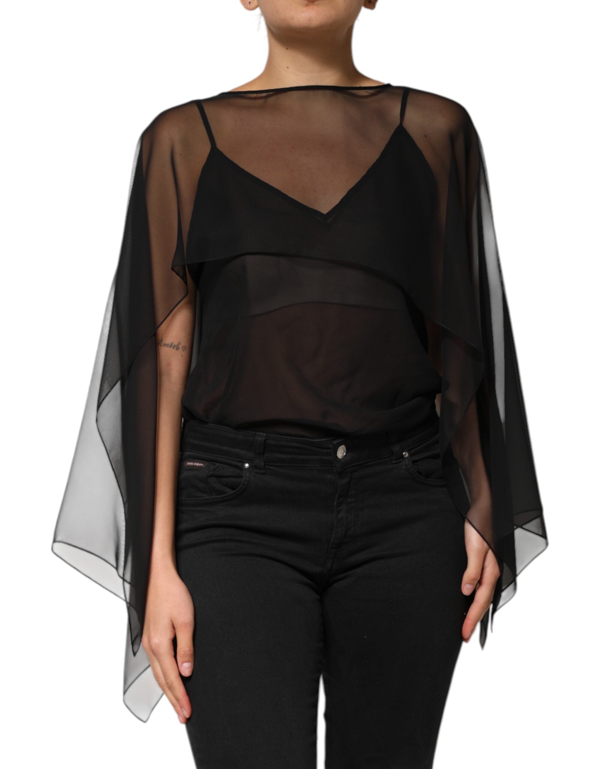 Black See Through Silk Chiffon Lace Blouse Top - ventzia