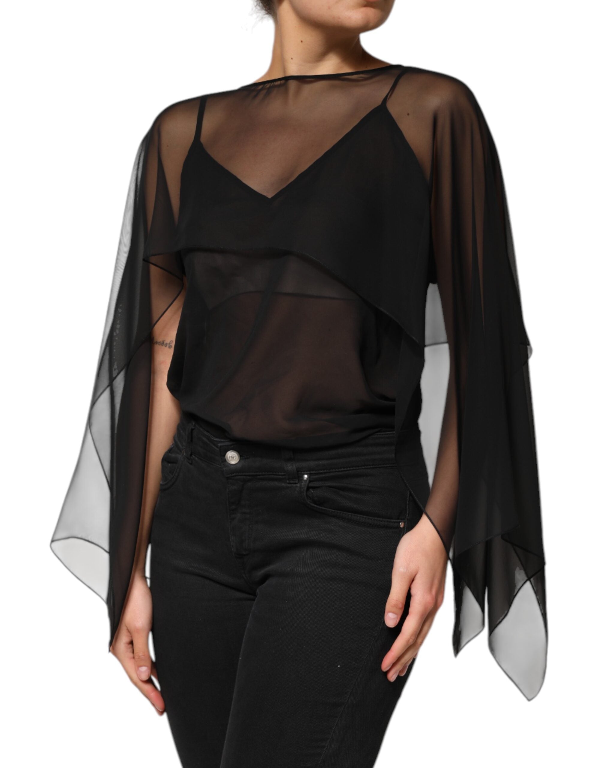 Black See Through Silk Chiffon Lace Blouse Top - ventzia