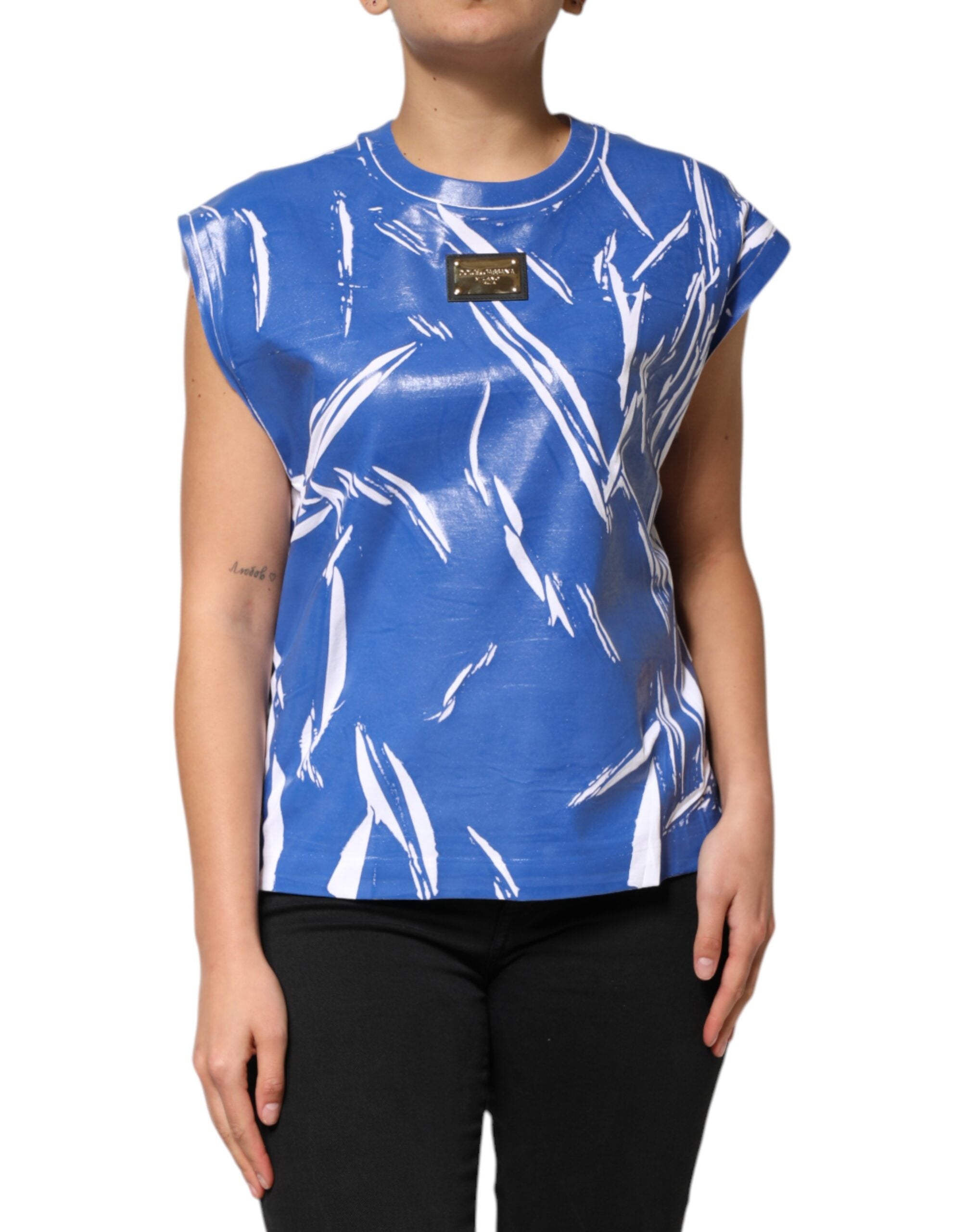 Blue White Cotton Logo Plaque Women Tank Top - ventzia