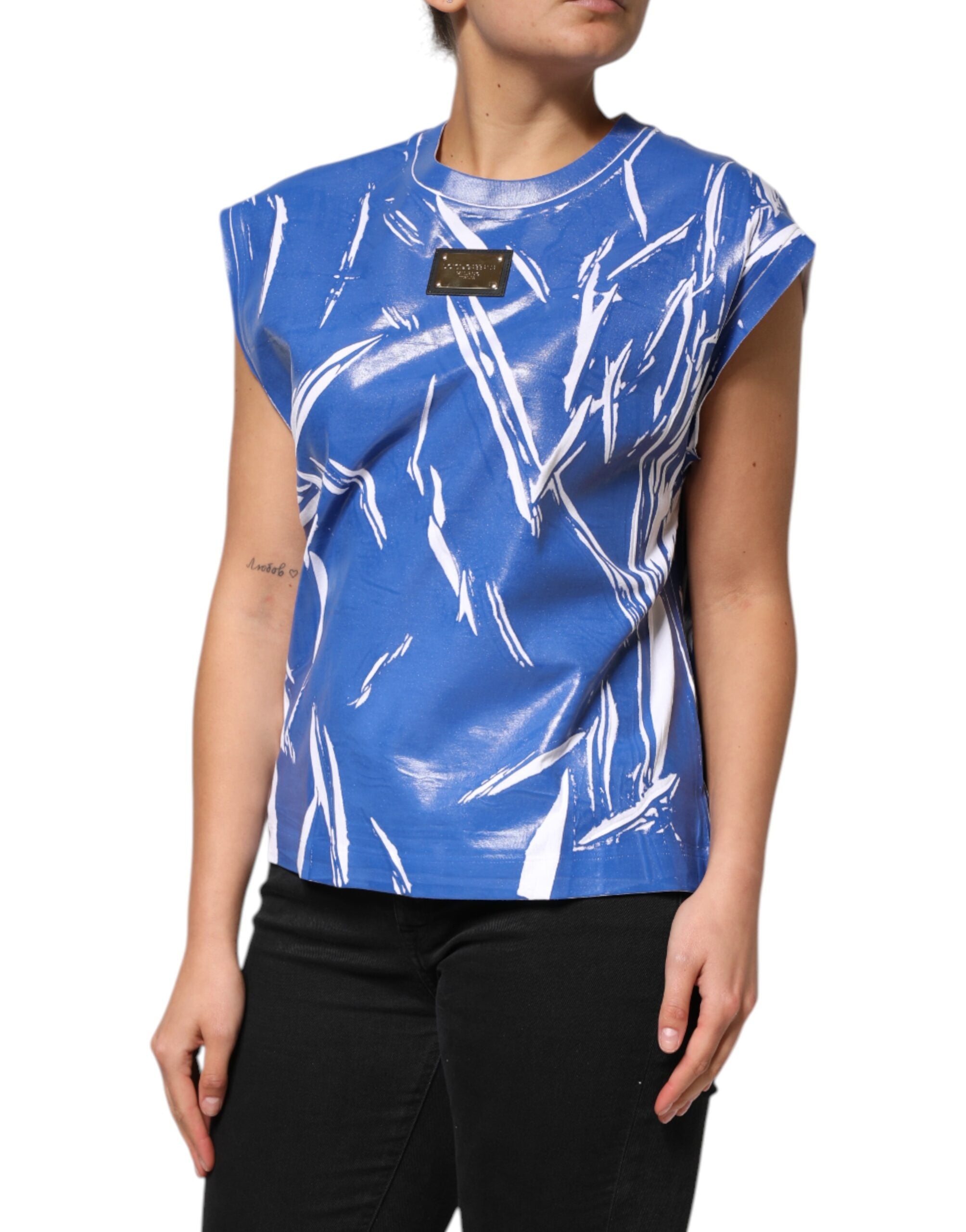 Blue White Cotton Logo Plaque Women Tank Top - ventzia