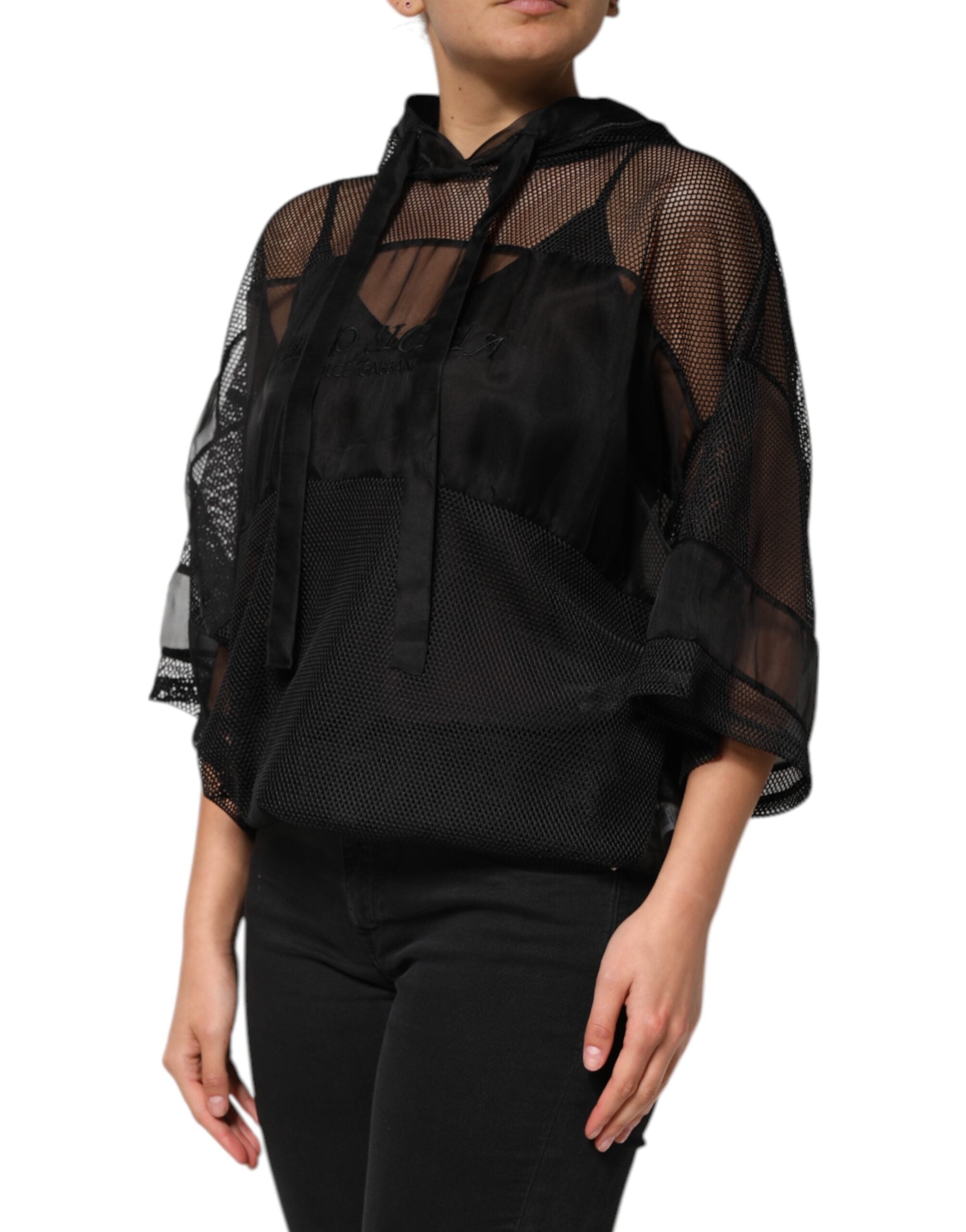 Black See Through Hooded Pullover Sweater - ventzia