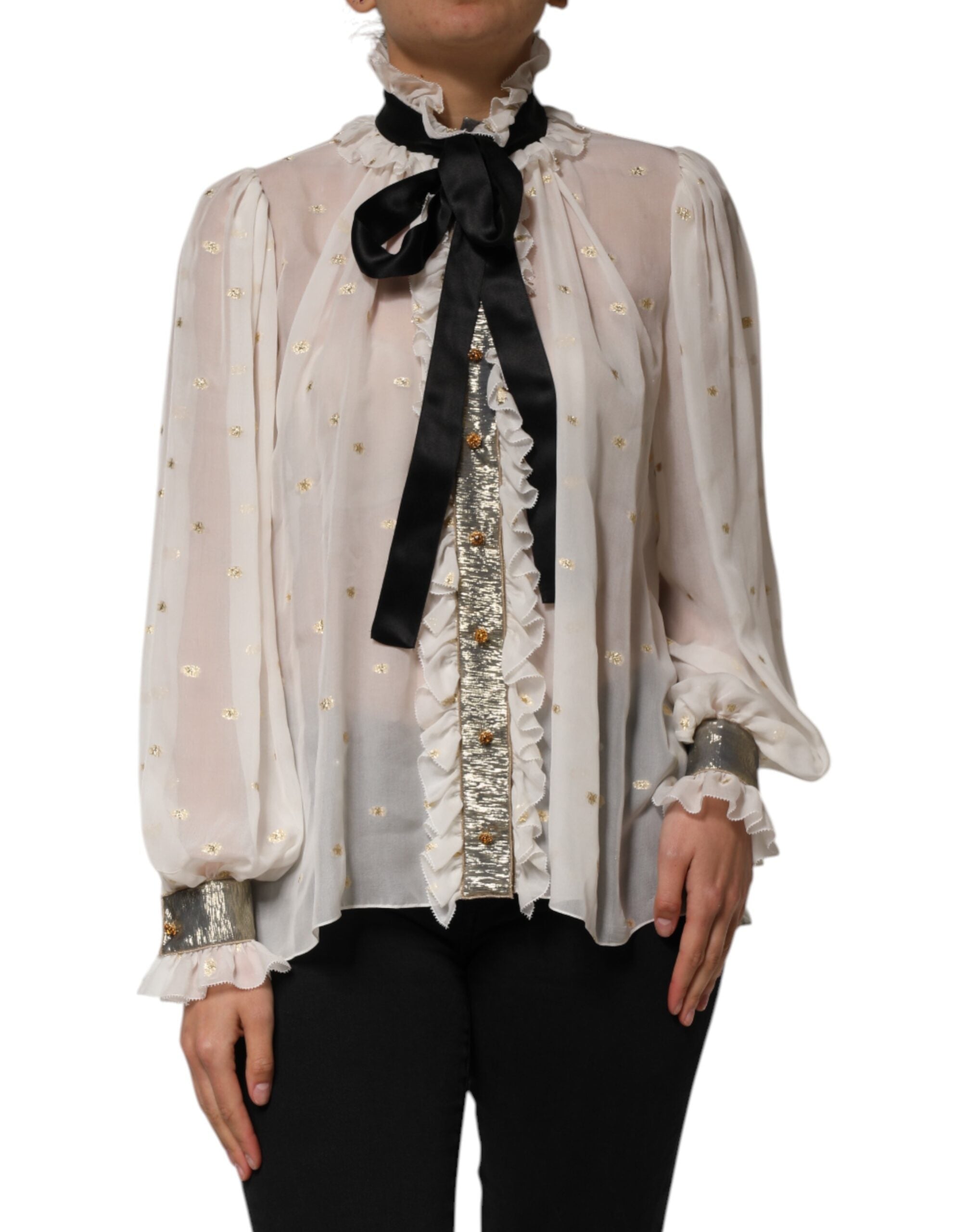 White Black Silk Long Sleeve Ascot Collar Top - ventzia