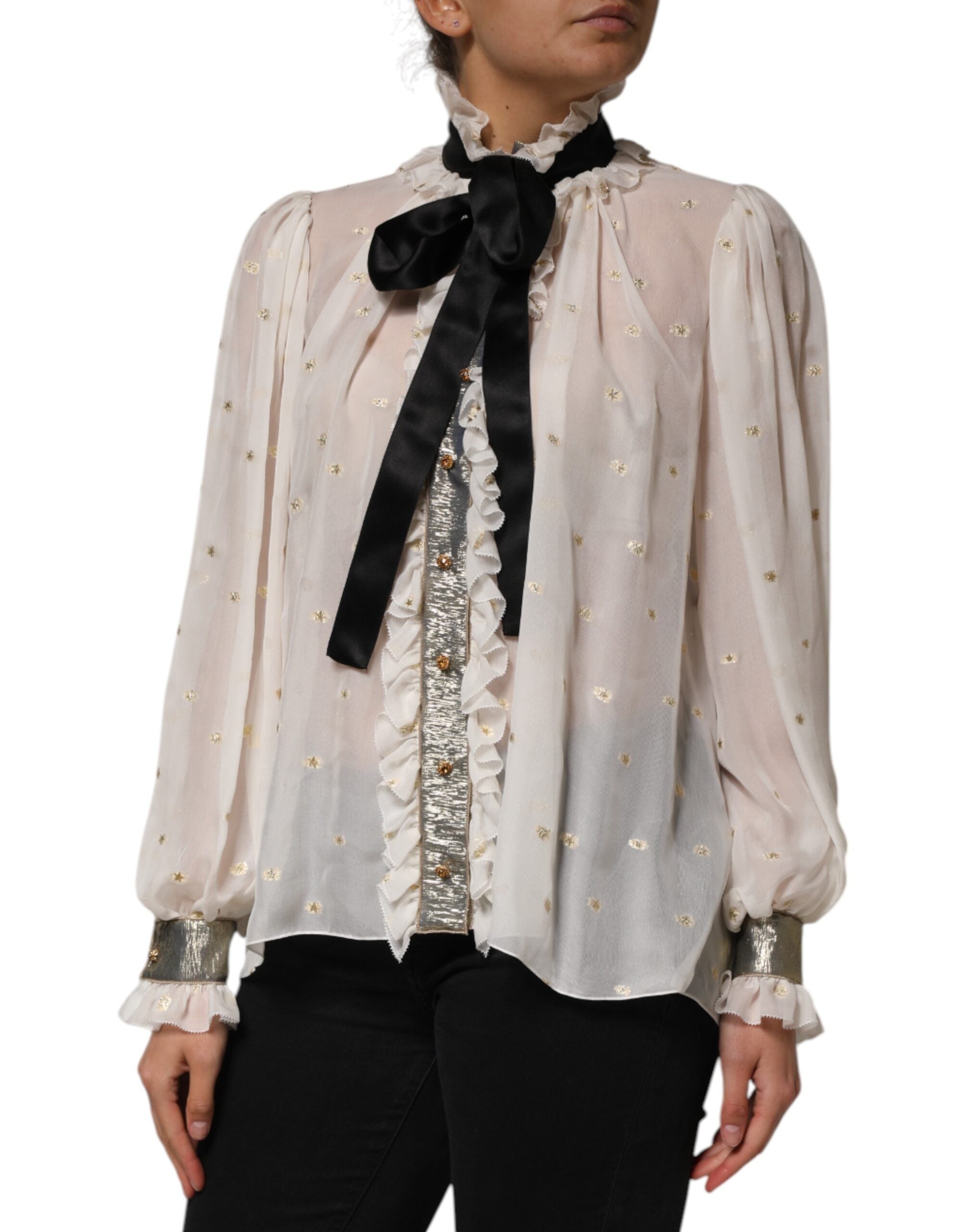 White Black Silk Long Sleeve Ascot Collar Top - ventzia