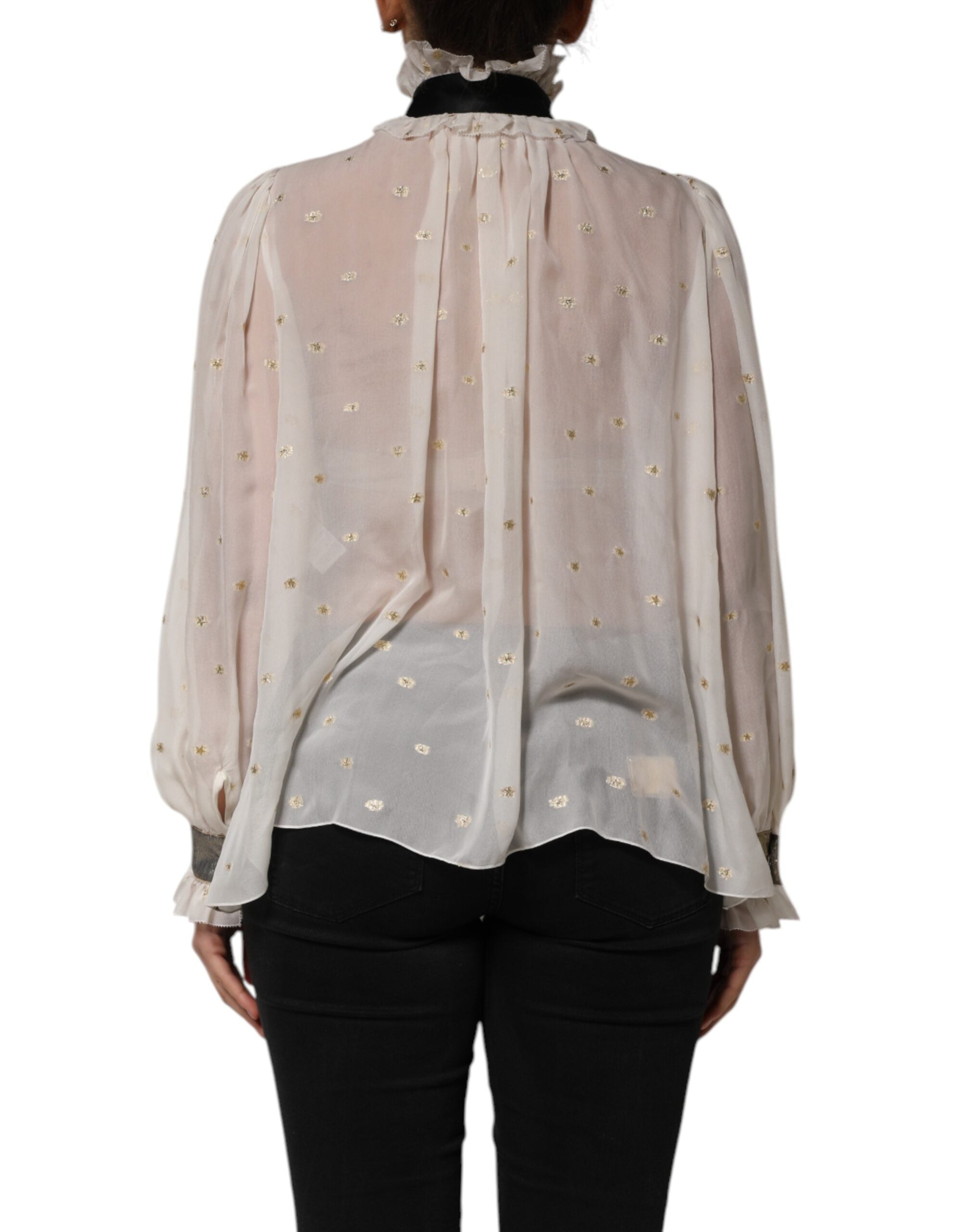 White Black Silk Long Sleeve Ascot Collar Top - ventzia