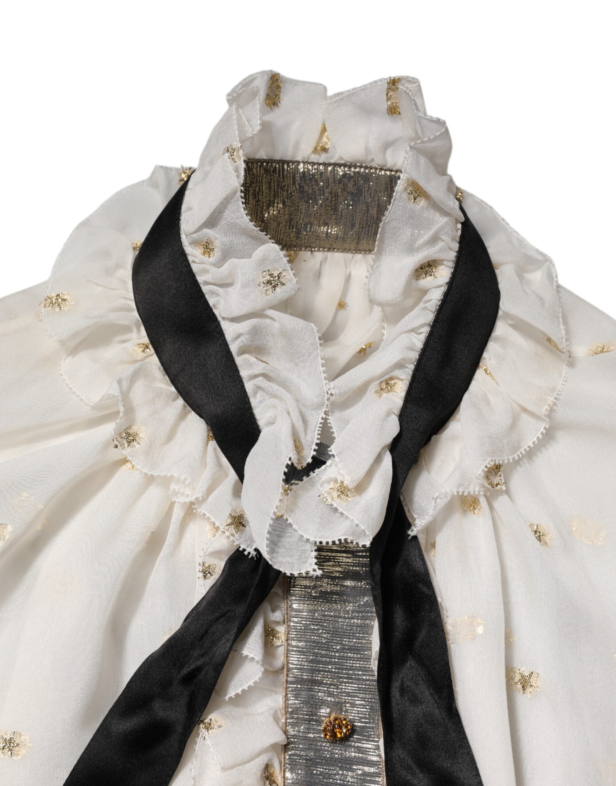 White Black Silk Long Sleeve Ascot Collar Top - ventzia