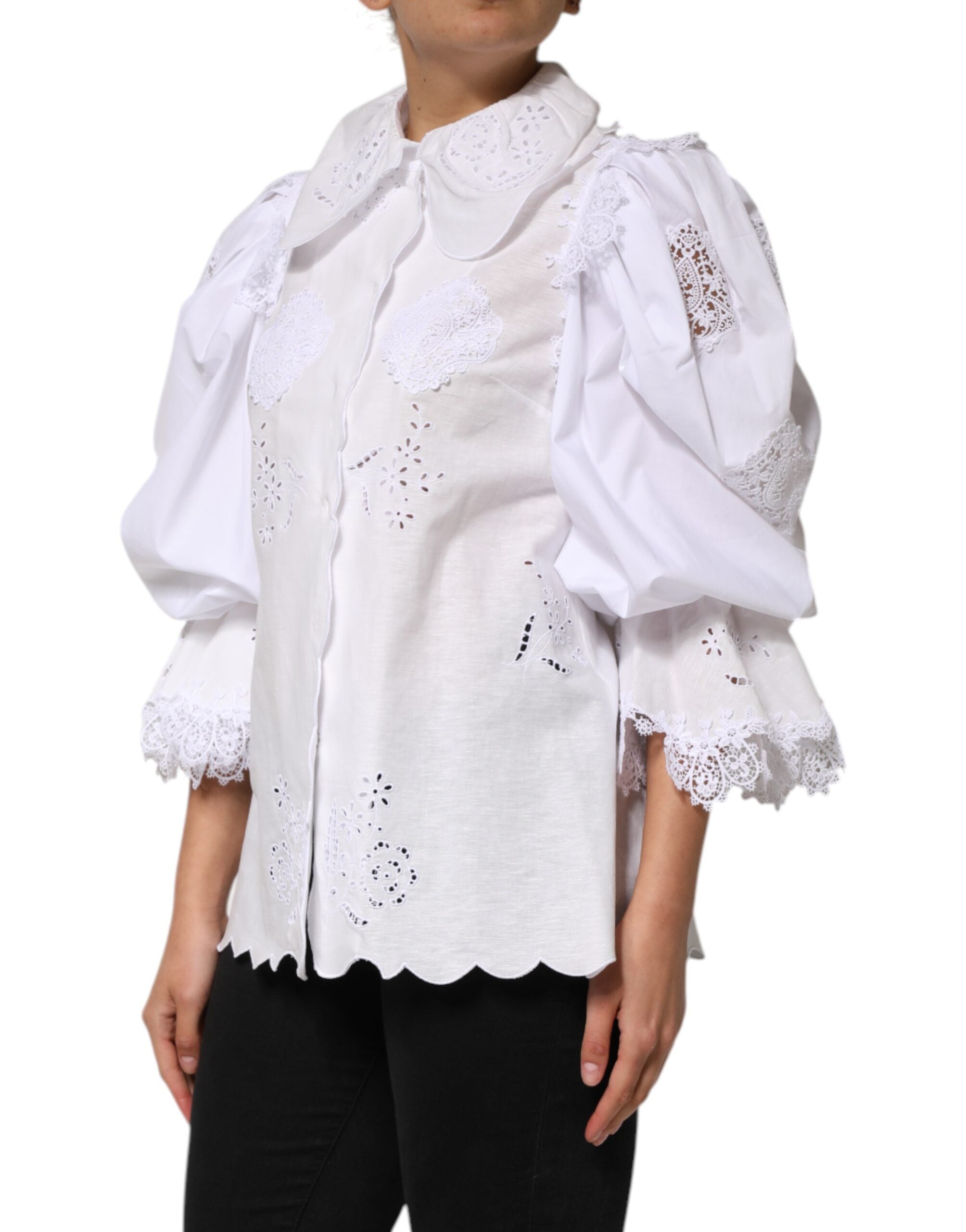 White Ruffled Lace Embellished Blouse Top - ventzia