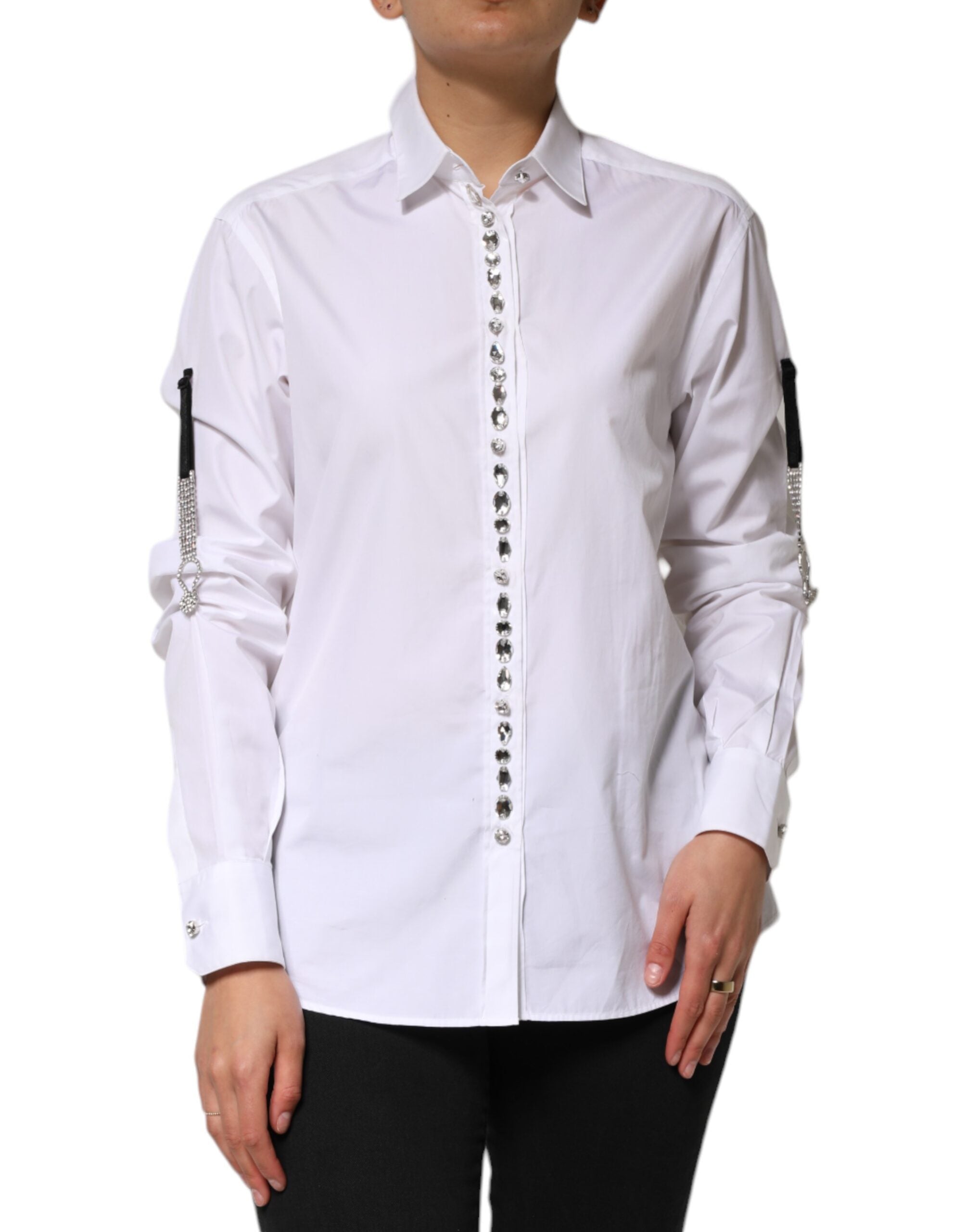 White Crystal Embellished Collared Shirt Top - ventzia