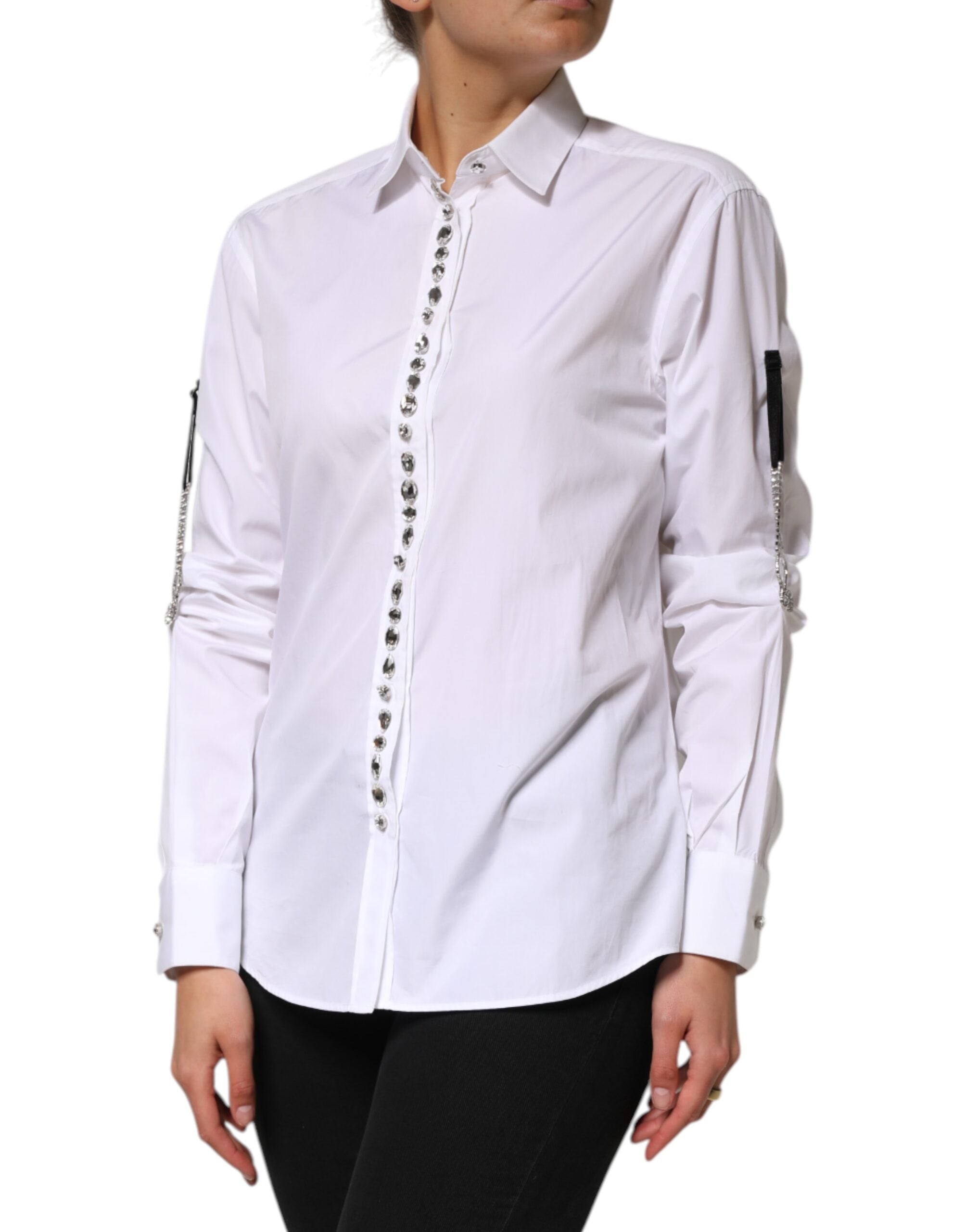 White Crystal Embellished Collared Shirt Top - ventzia