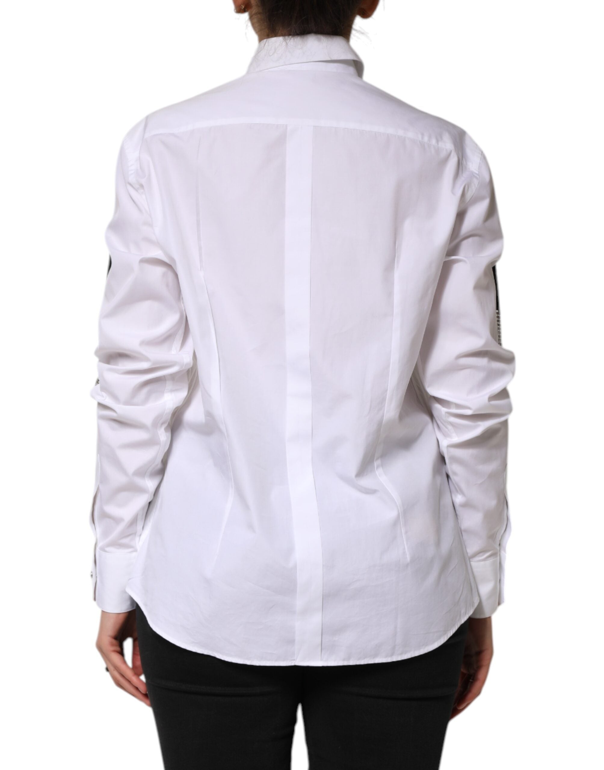 White Crystal Embellished Collared Shirt Top - ventzia