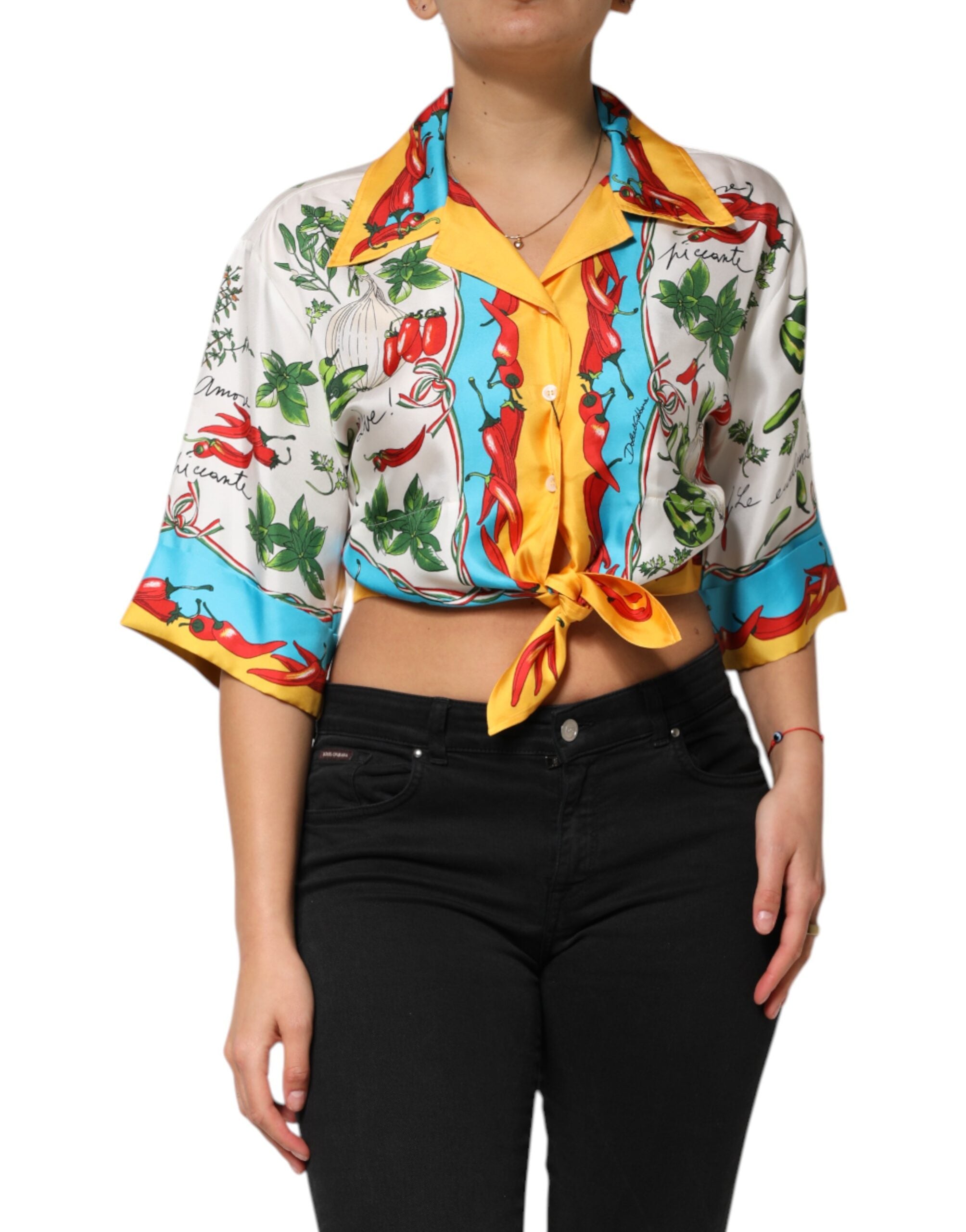 Multicolor Chili Silk Cropped Blouse Top - ventzia