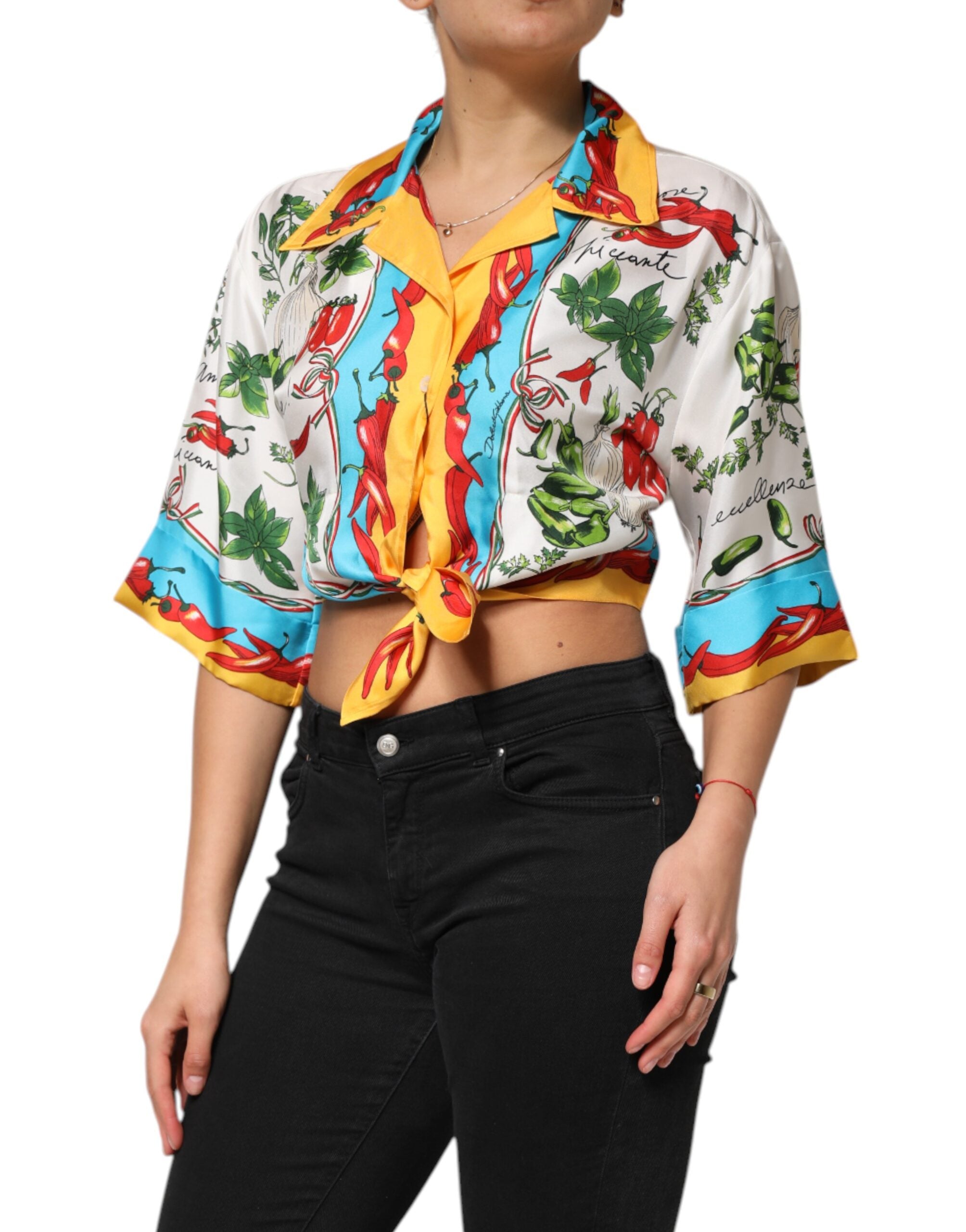 Multicolor Chili Silk Cropped Blouse Top - ventzia