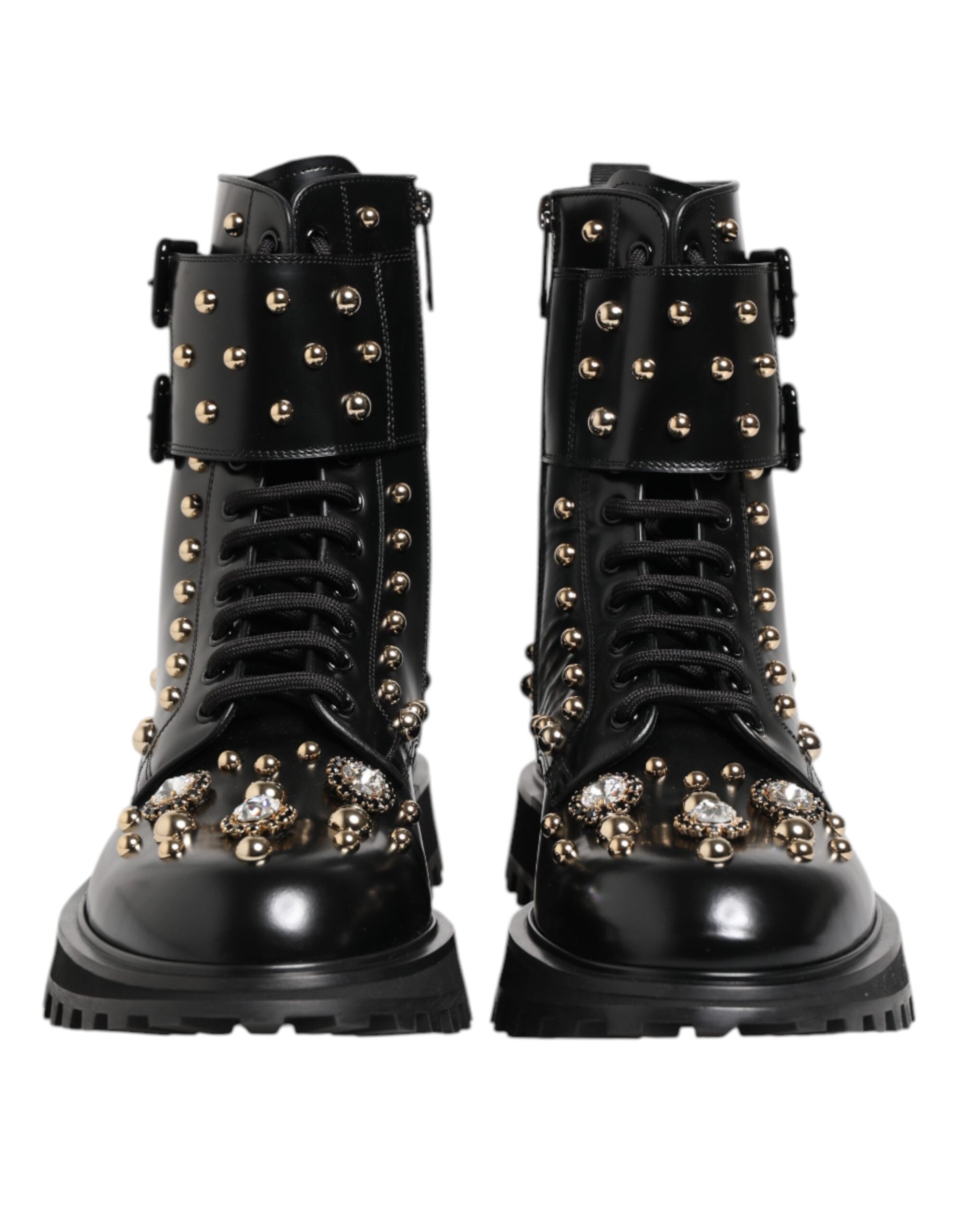Black Studded Lace Up Mid Calf Boots Shoes - ventzia