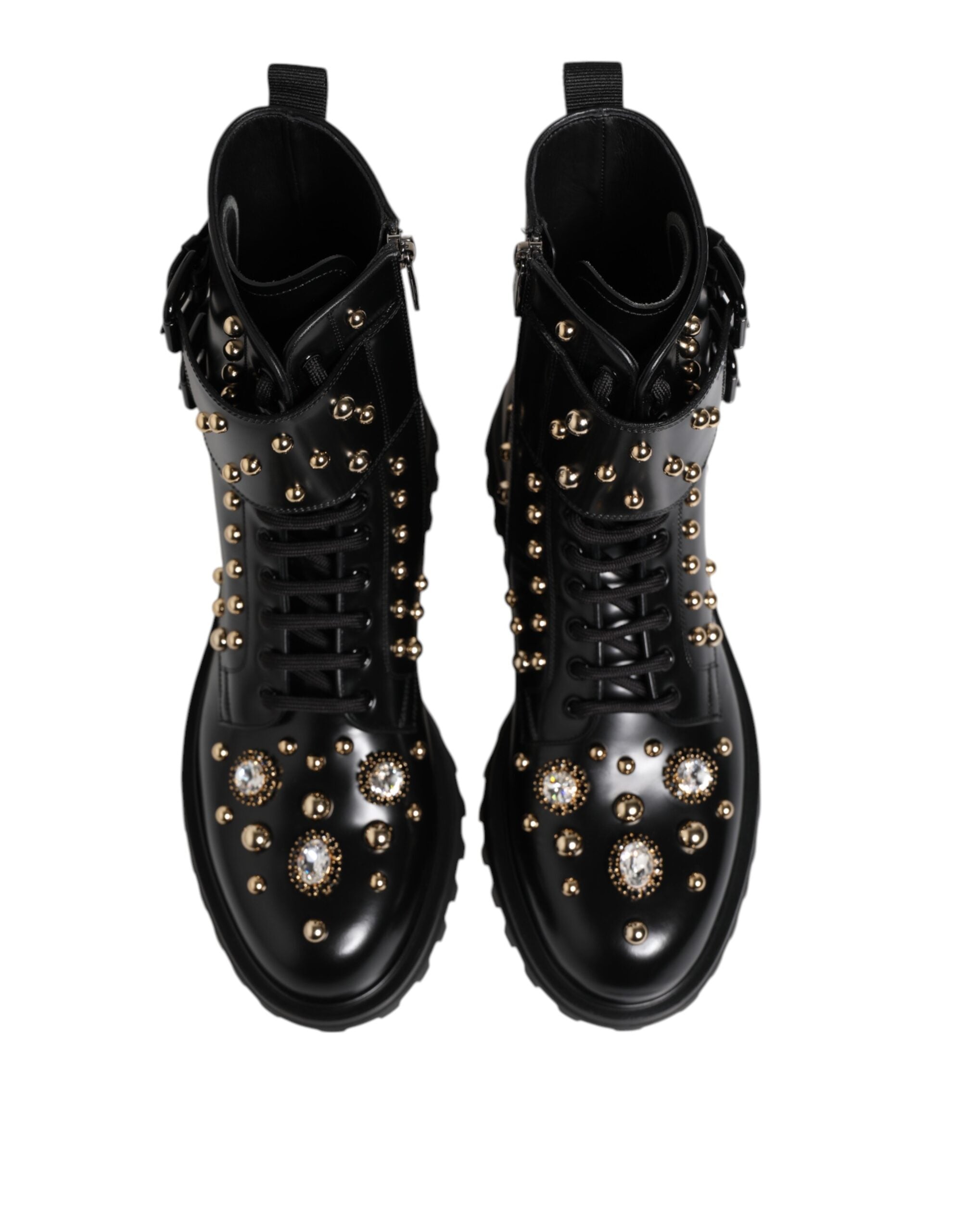 Black Studded Lace Up Mid Calf Boots Shoes - ventzia