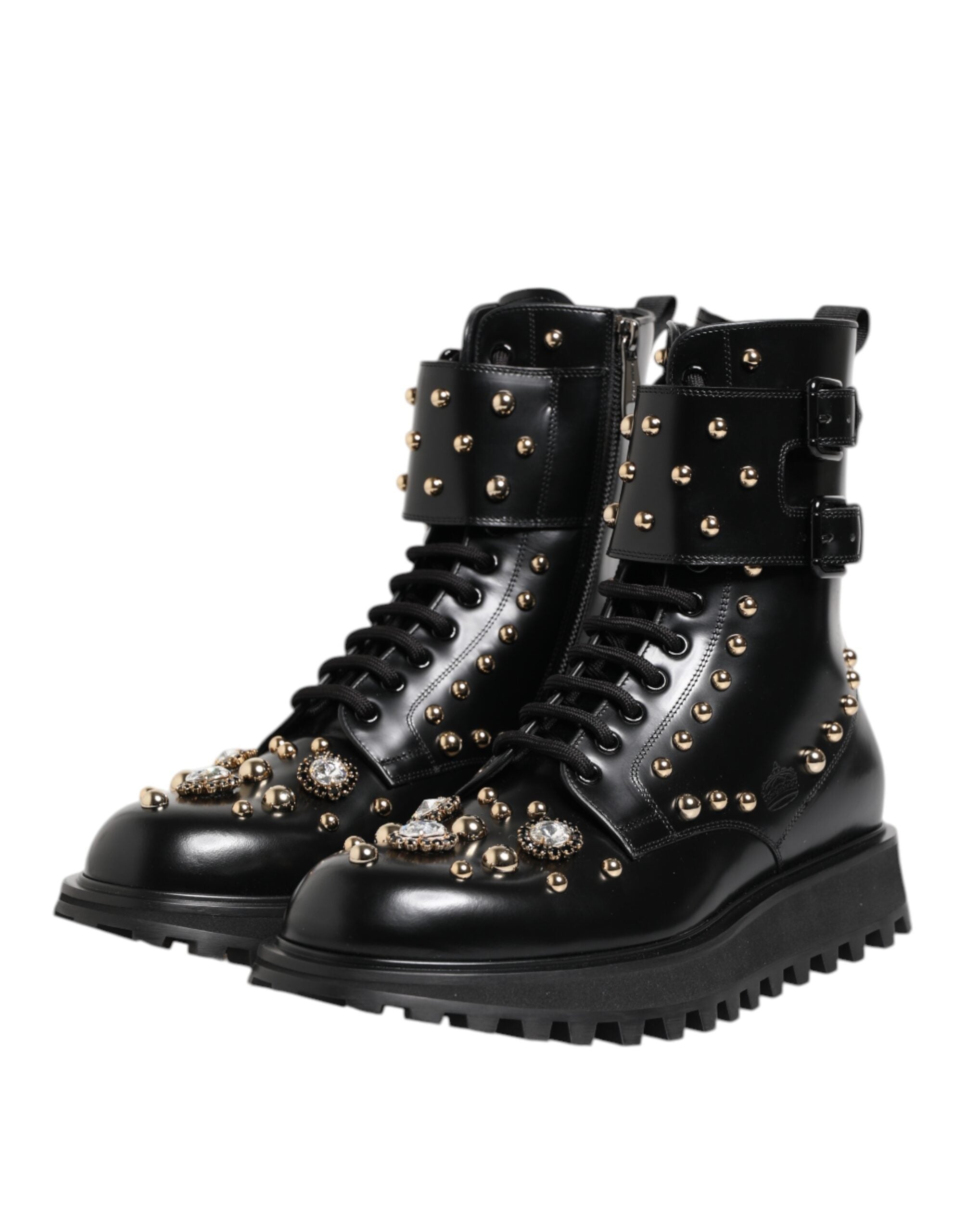 Black Studded Lace Up Mid Calf Boots Shoes - ventzia