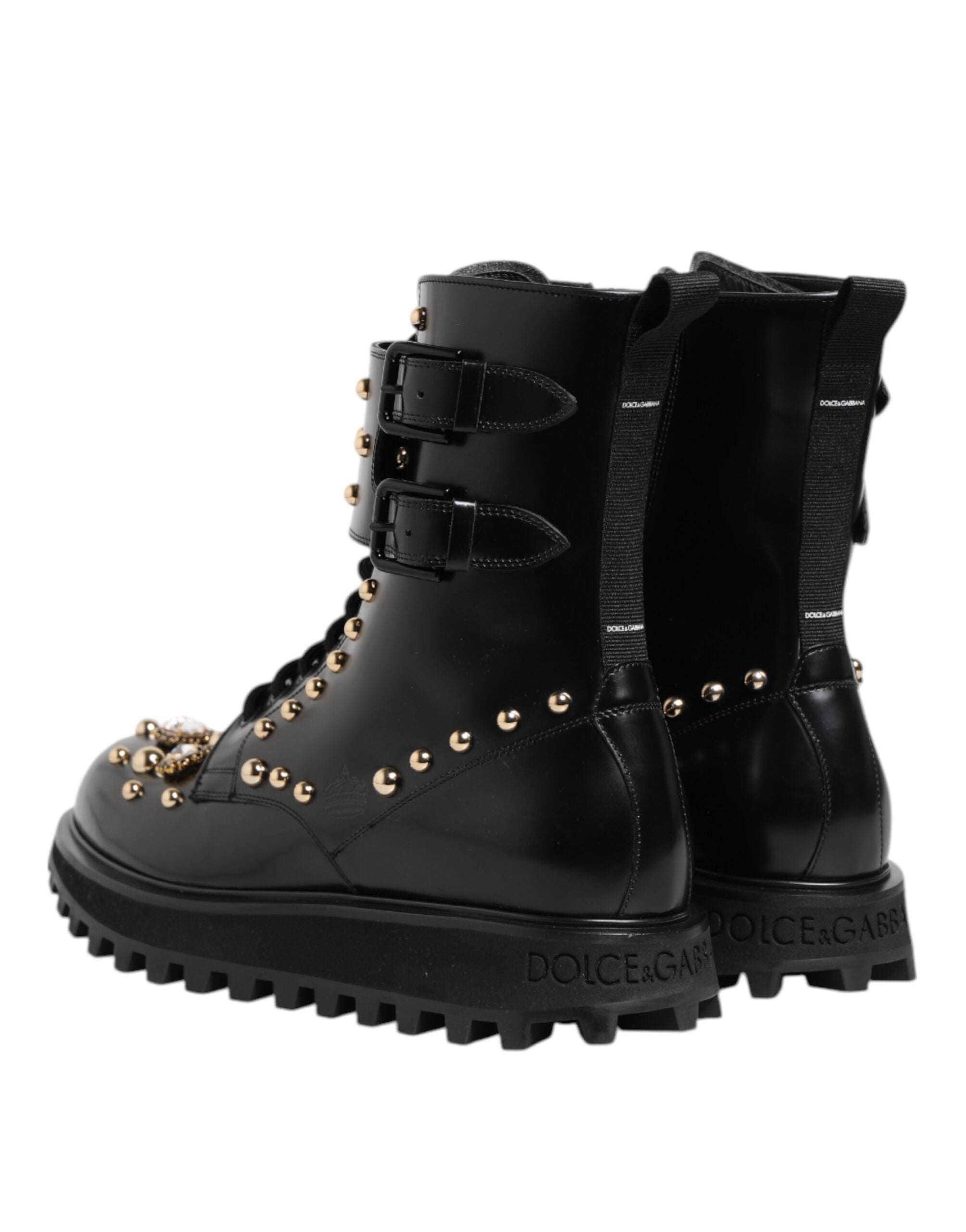 Black Studded Lace Up Mid Calf Boots Shoes - ventzia