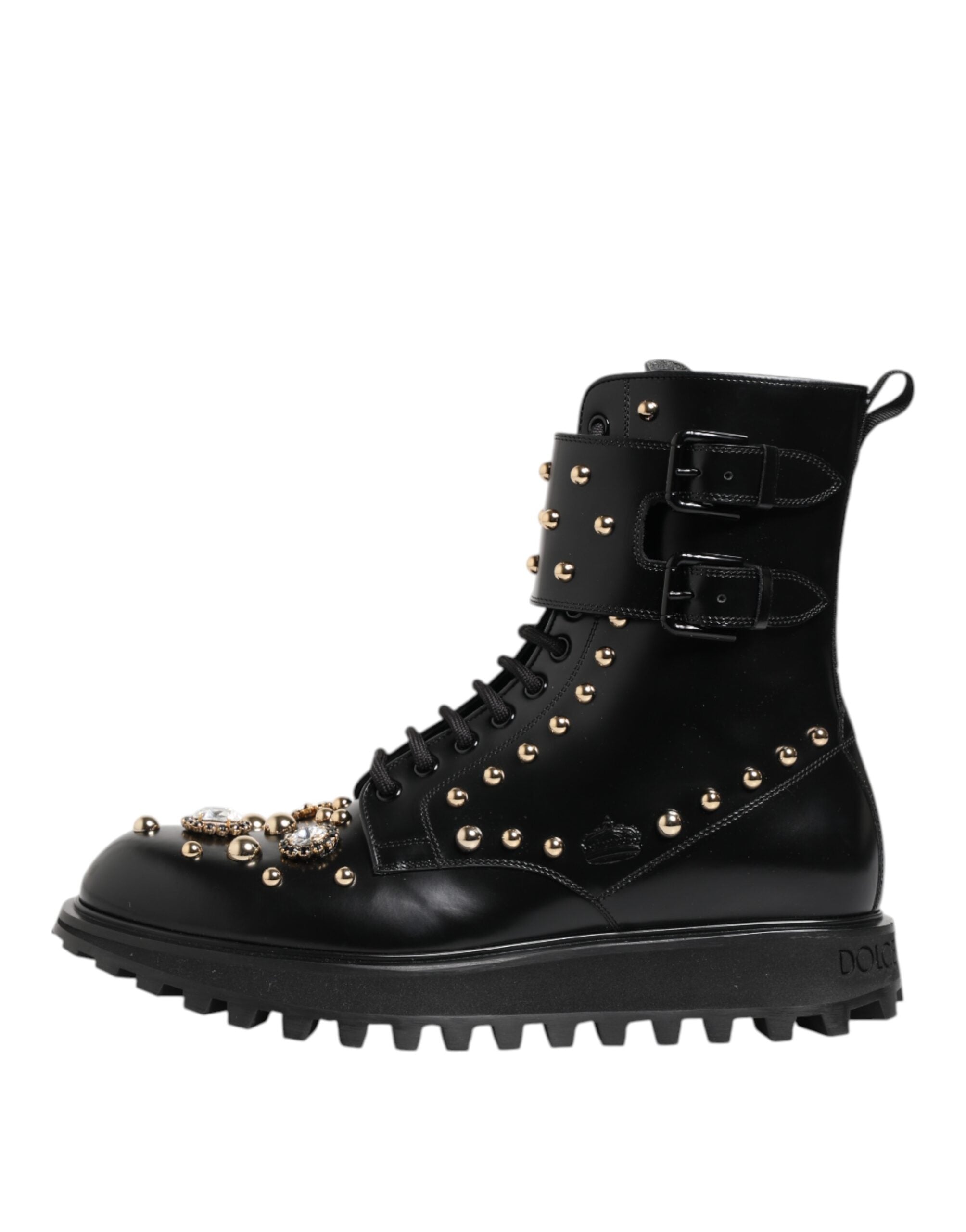 Black Studded Lace Up Mid Calf Boots Shoes - ventzia