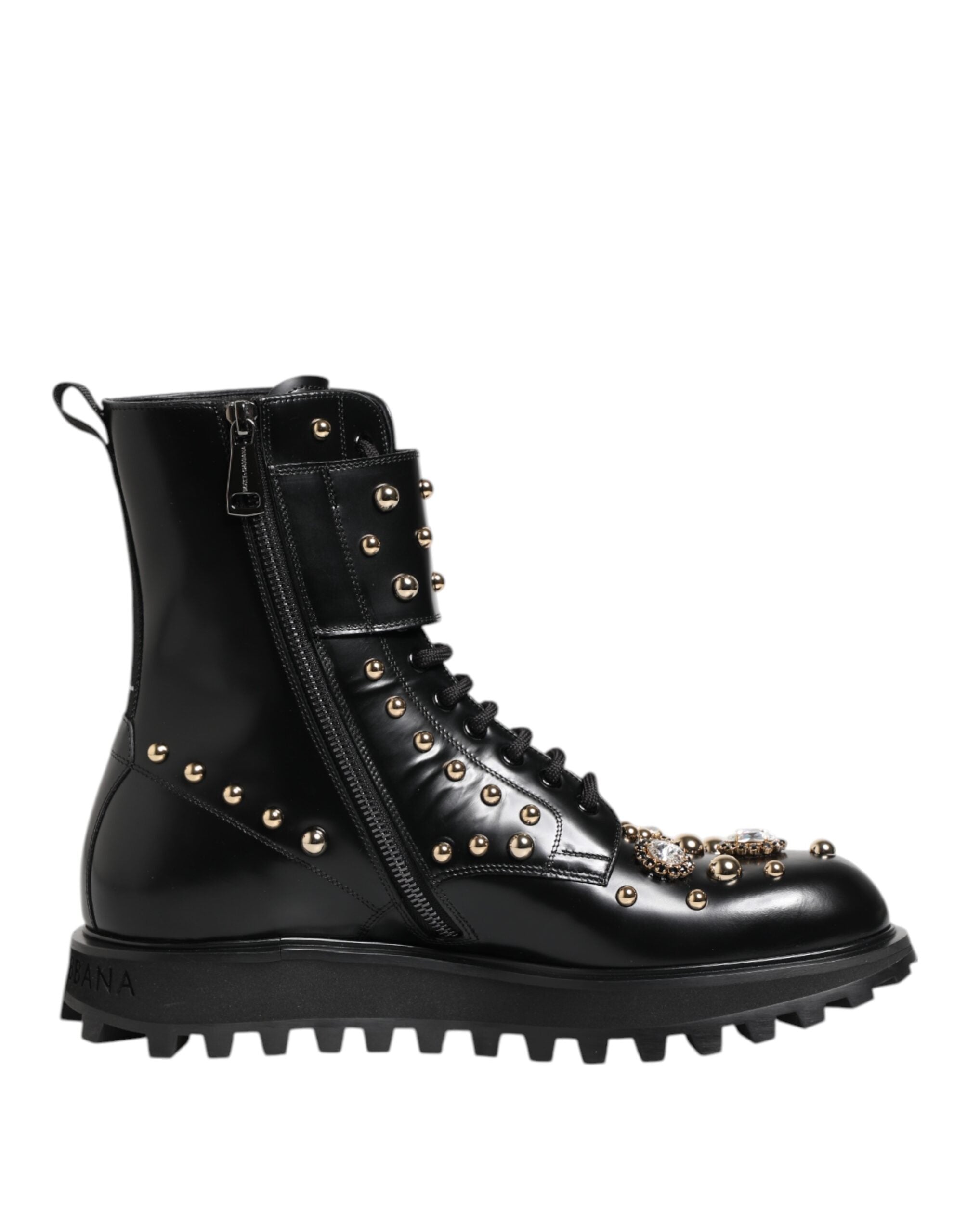Black Studded Lace Up Mid Calf Boots Shoes - ventzia