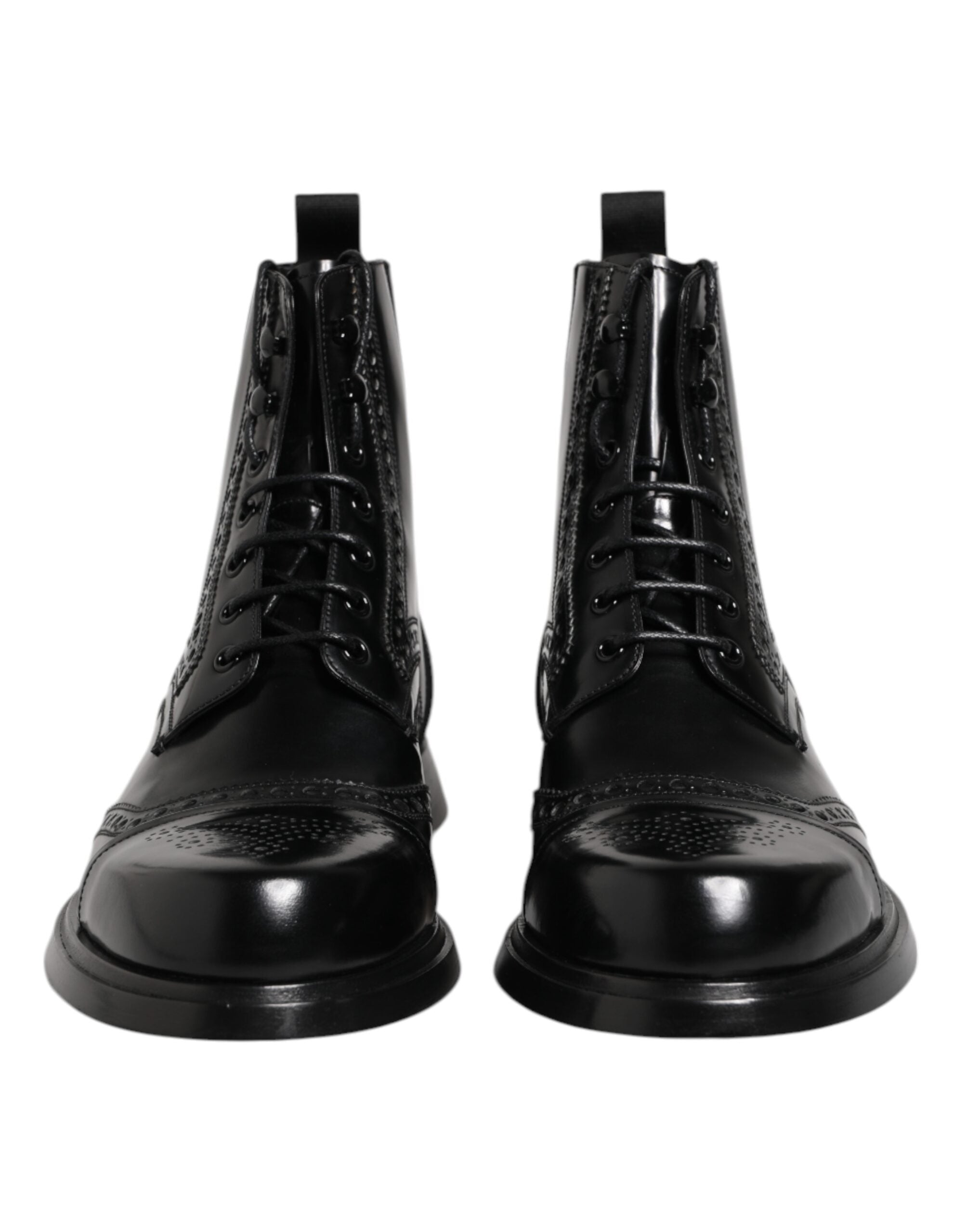 Black Leather Lace Up Mid Calf Boots Shoes - ventzia