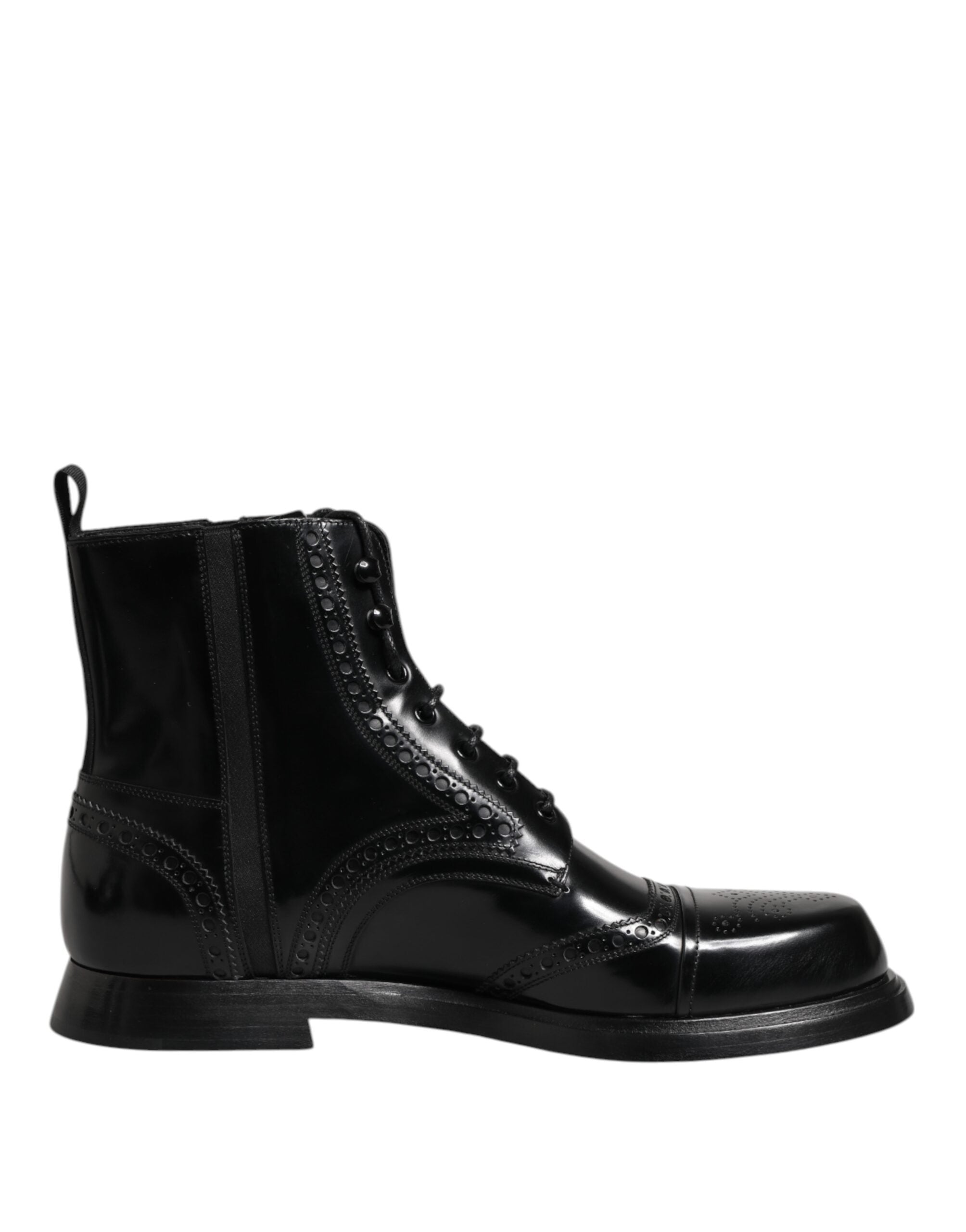 Black Leather Lace Up Mid Calf Boots Shoes - ventzia