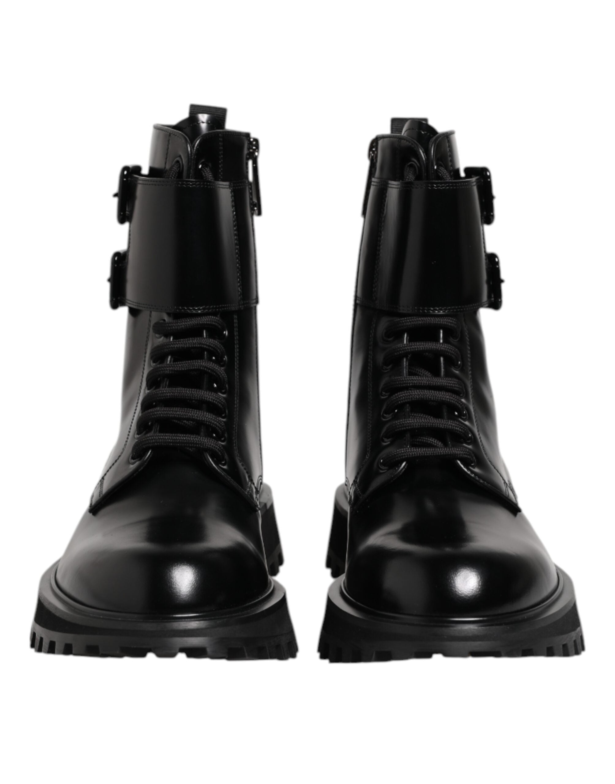 Black Leather Lace Up Mid Calf Boots Shoes - ventzia