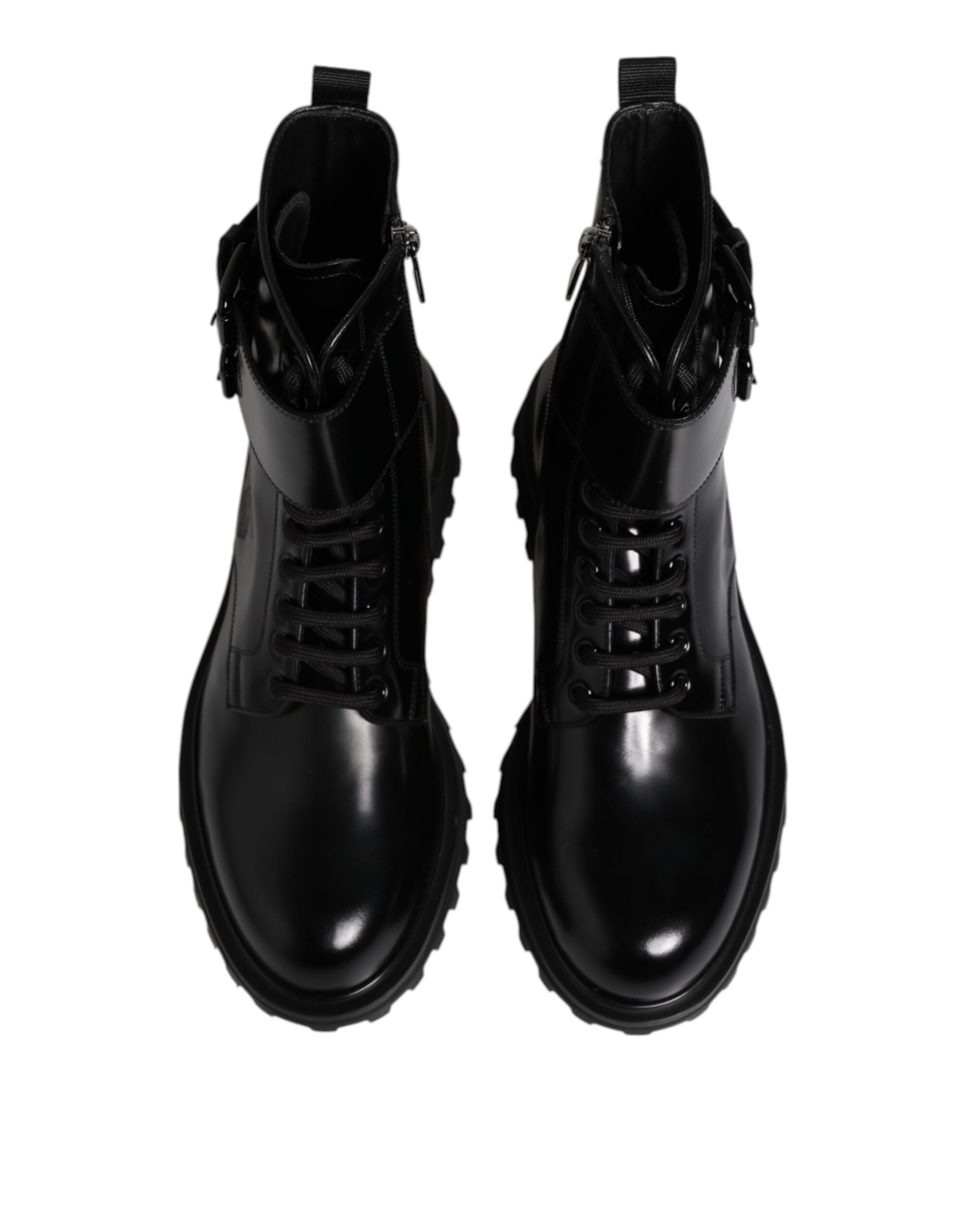 Black Leather Lace Up Mid Calf Boots Shoes - ventzia