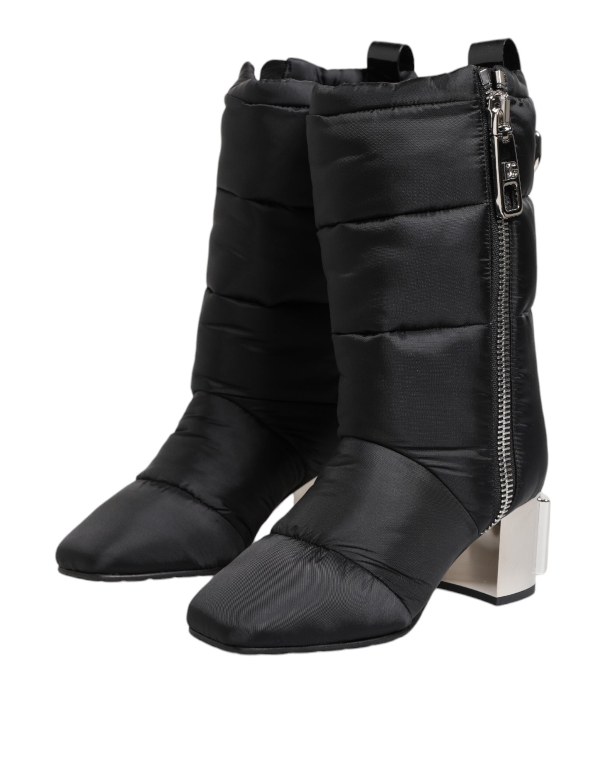 Black Padded Mid Calf Logo Heel Boots Shoes - ventzia