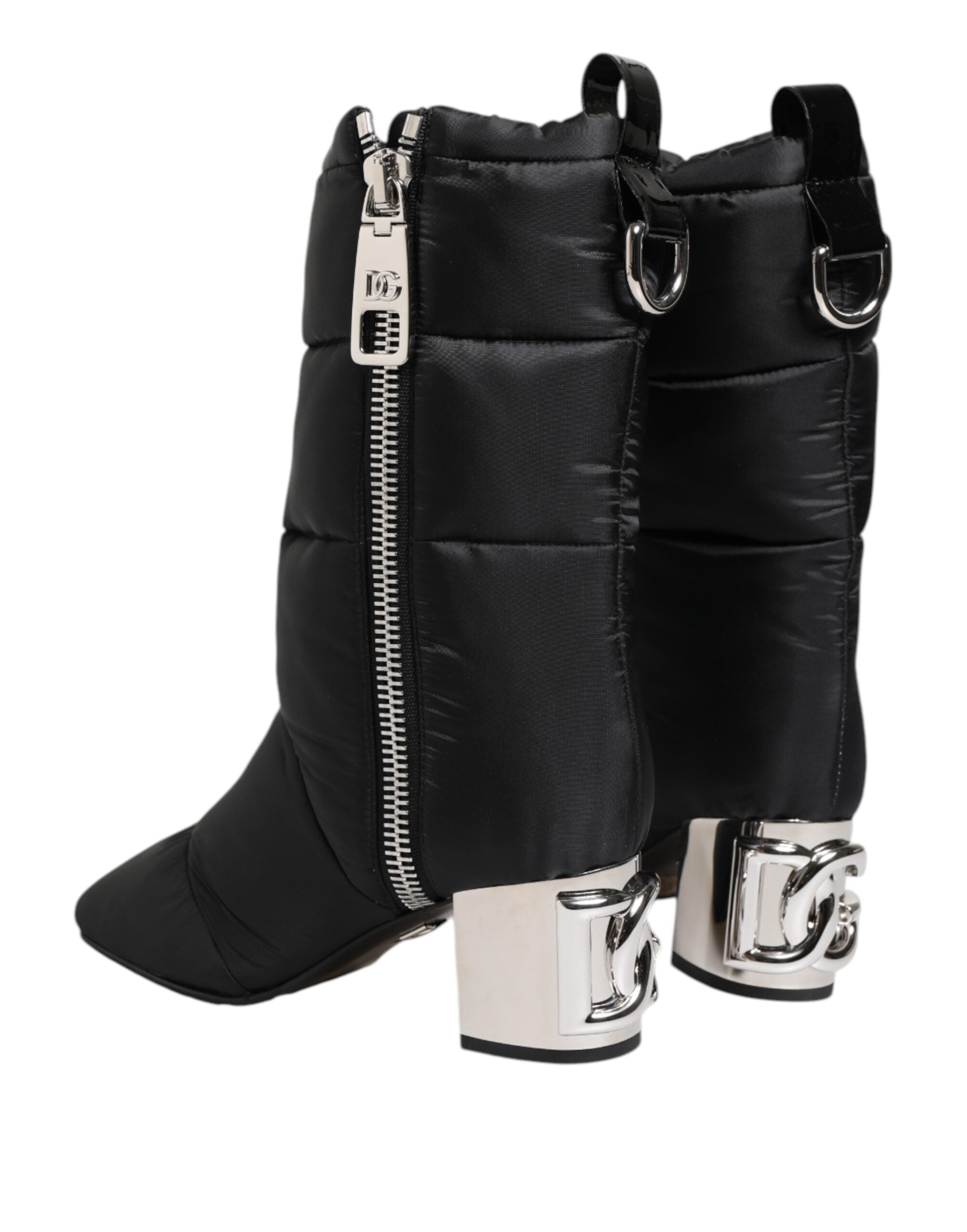 Black Padded Mid Calf Logo Heel Boots Shoes - ventzia