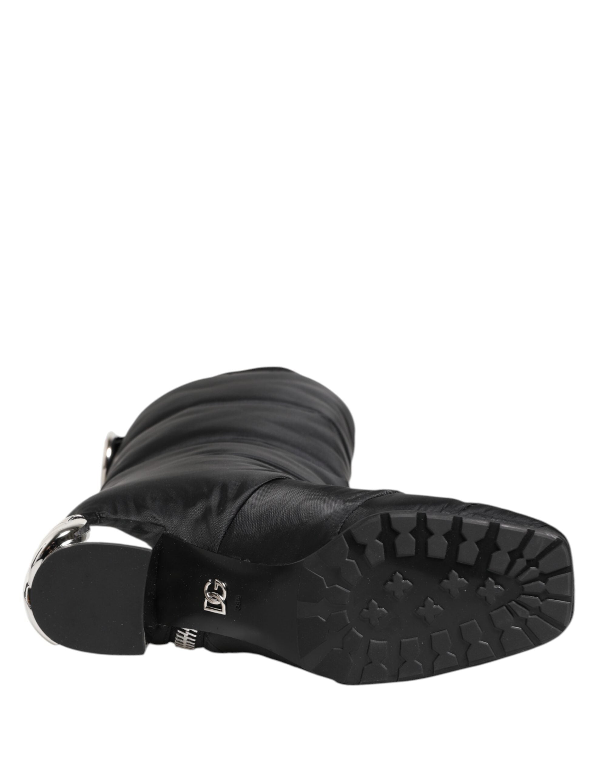 Black Padded Mid Calf Logo Heel Boots Shoes - ventzia