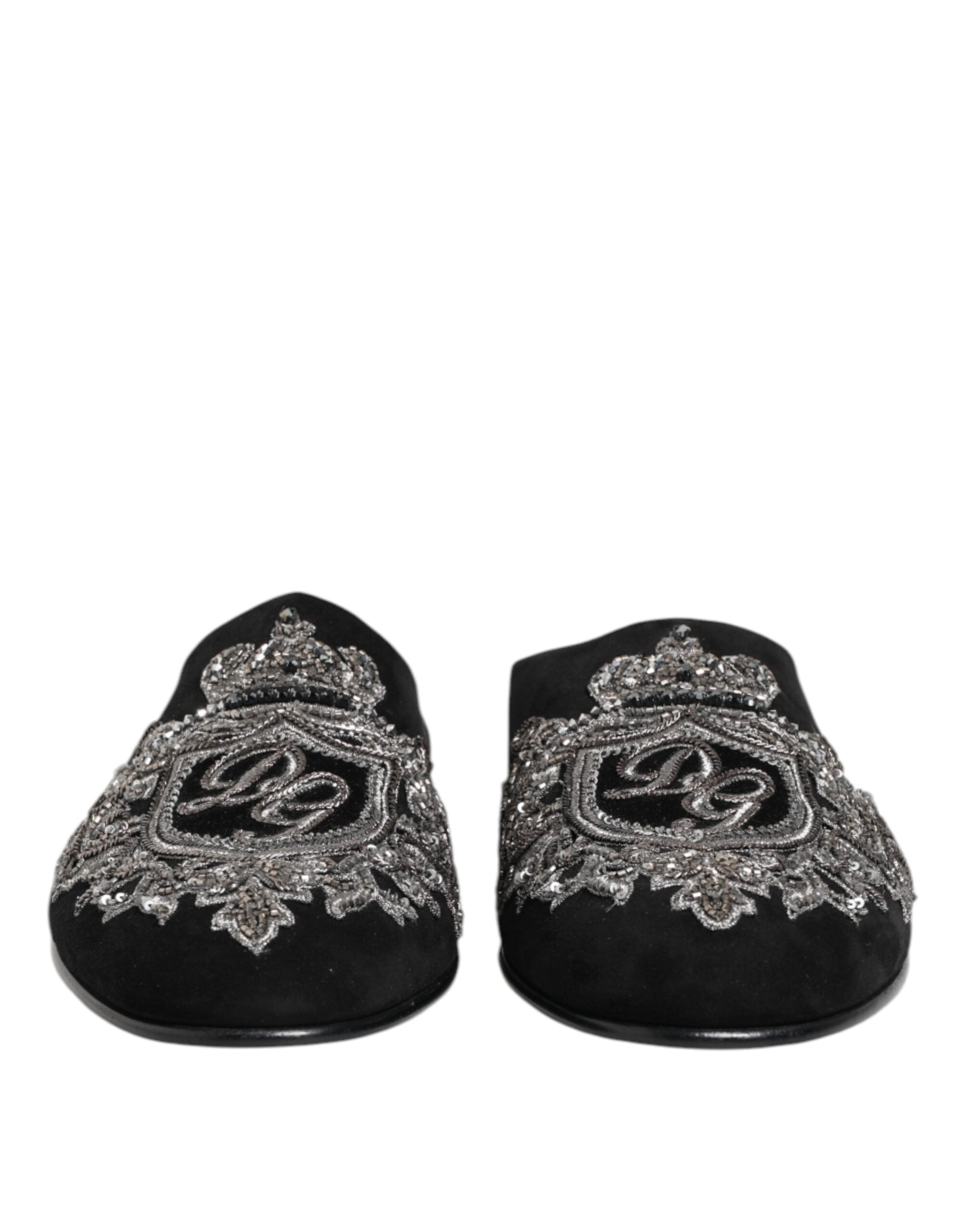 Black Velvet Slides DG Crown Slipper Shoes - ventzia