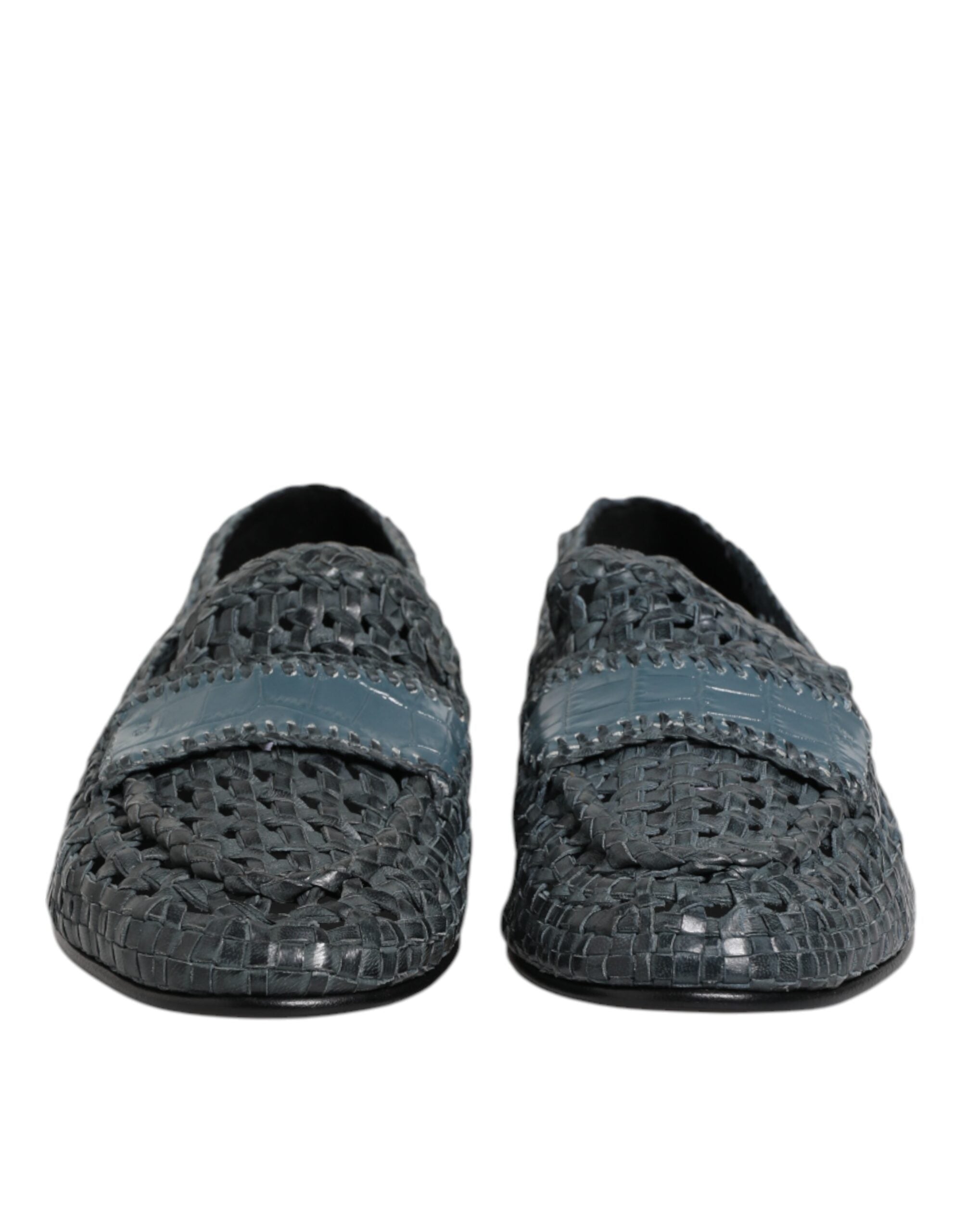 Blue Woven Raffia Slip On Loafers Shoes - ventzia