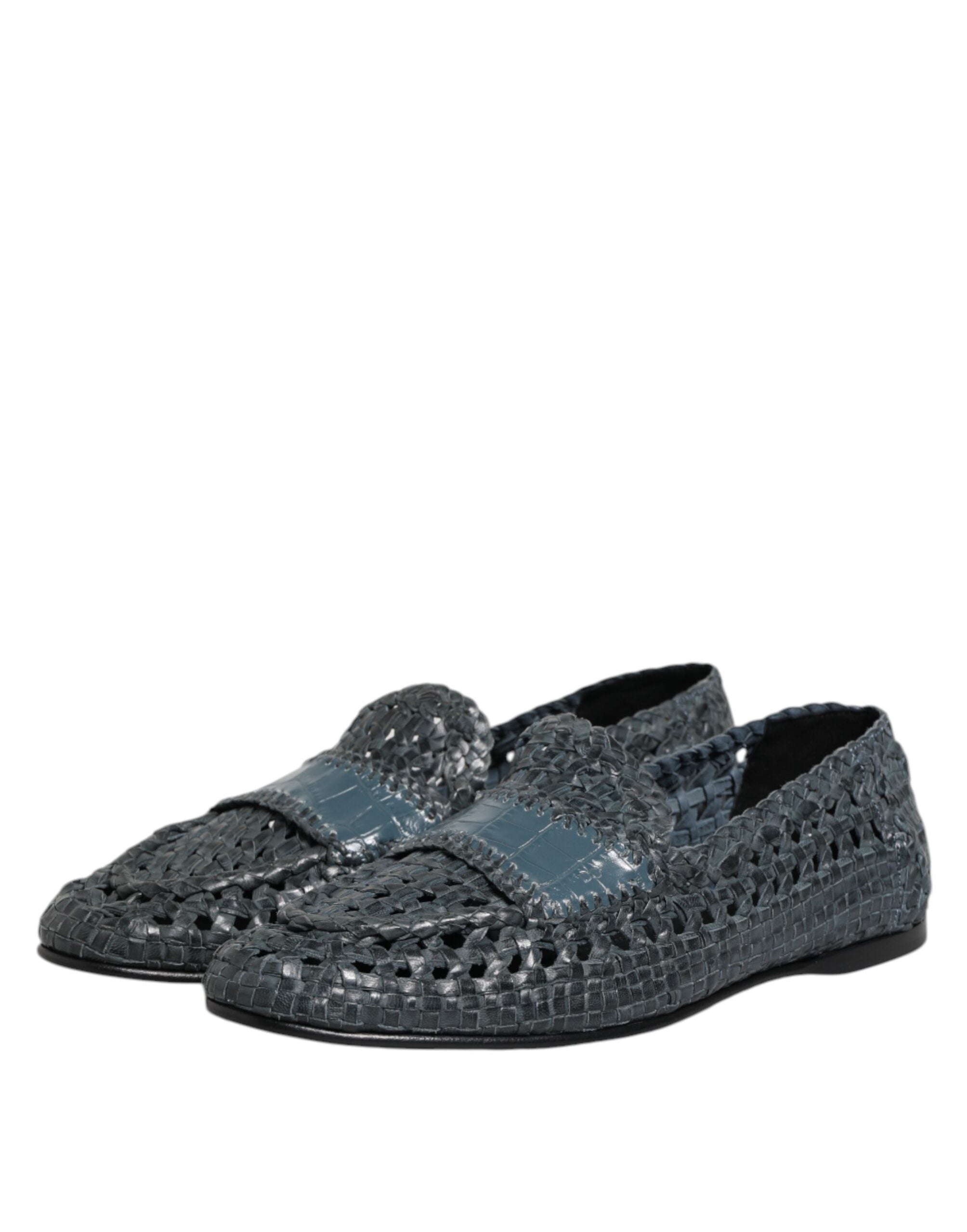 Blue Woven Raffia Slip On Loafers Shoes - ventzia