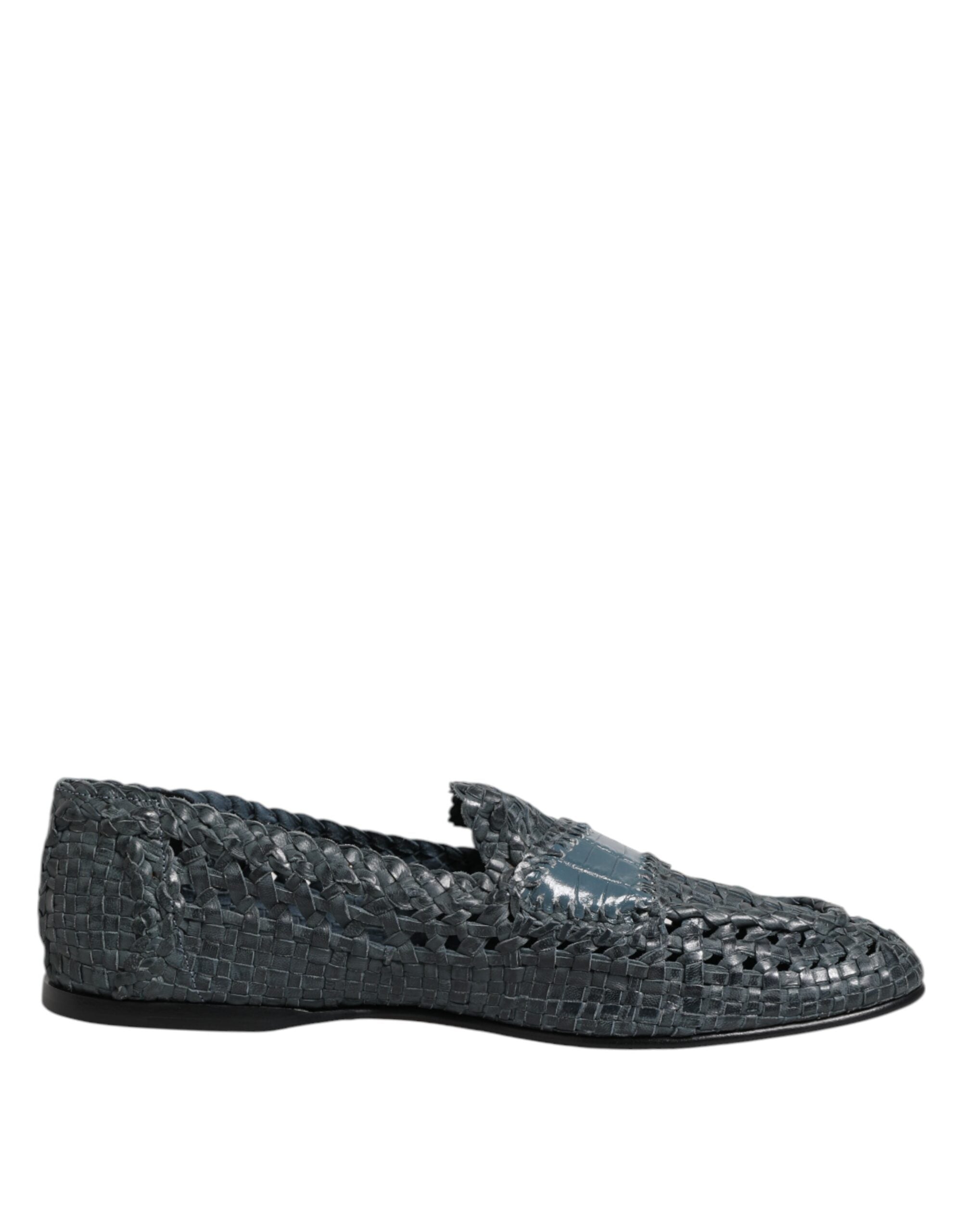 Blue Woven Raffia Slip On Loafers Shoes - ventzia