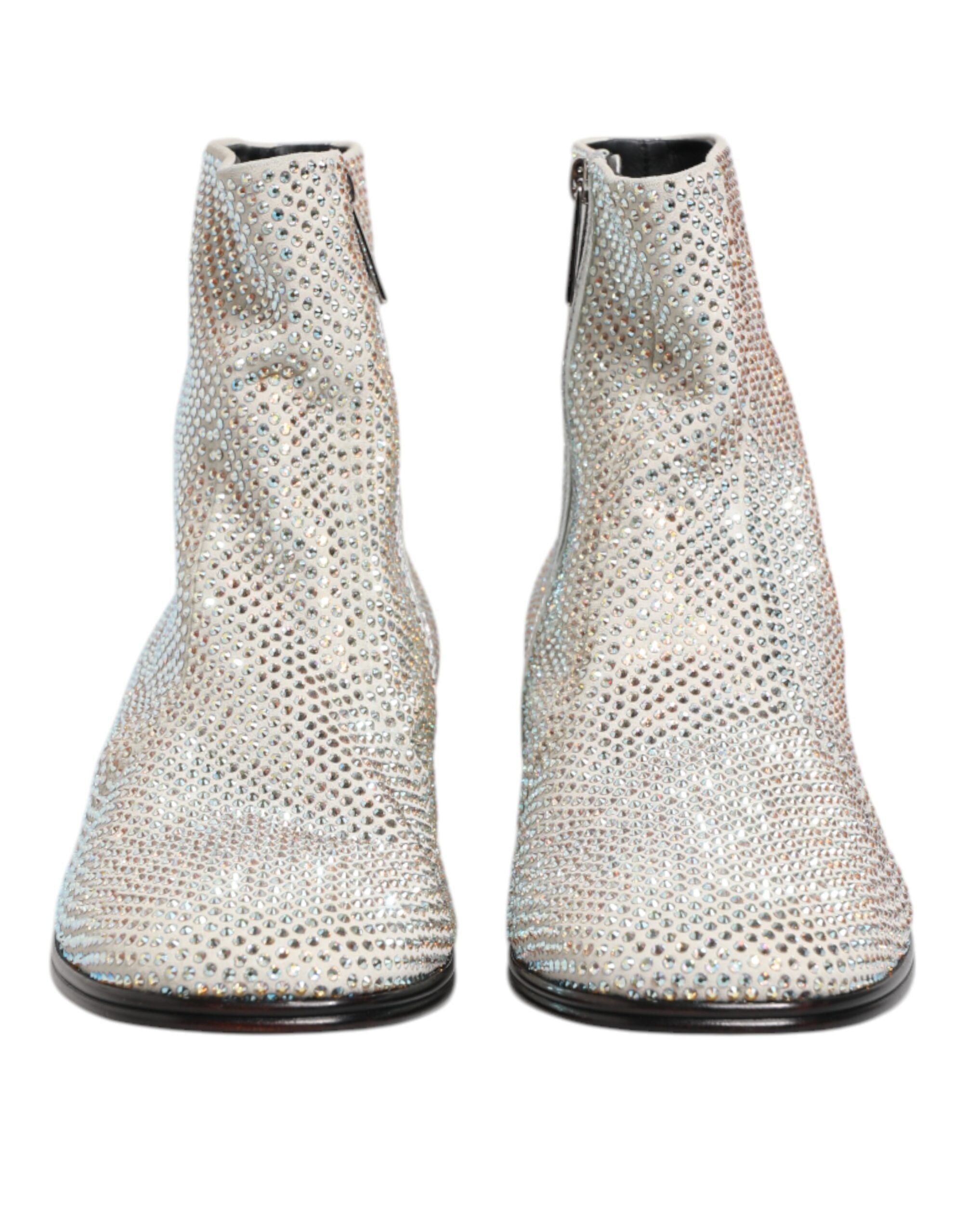 White Strass DG Logo Heels Ankle Boots Shoes - ventzia