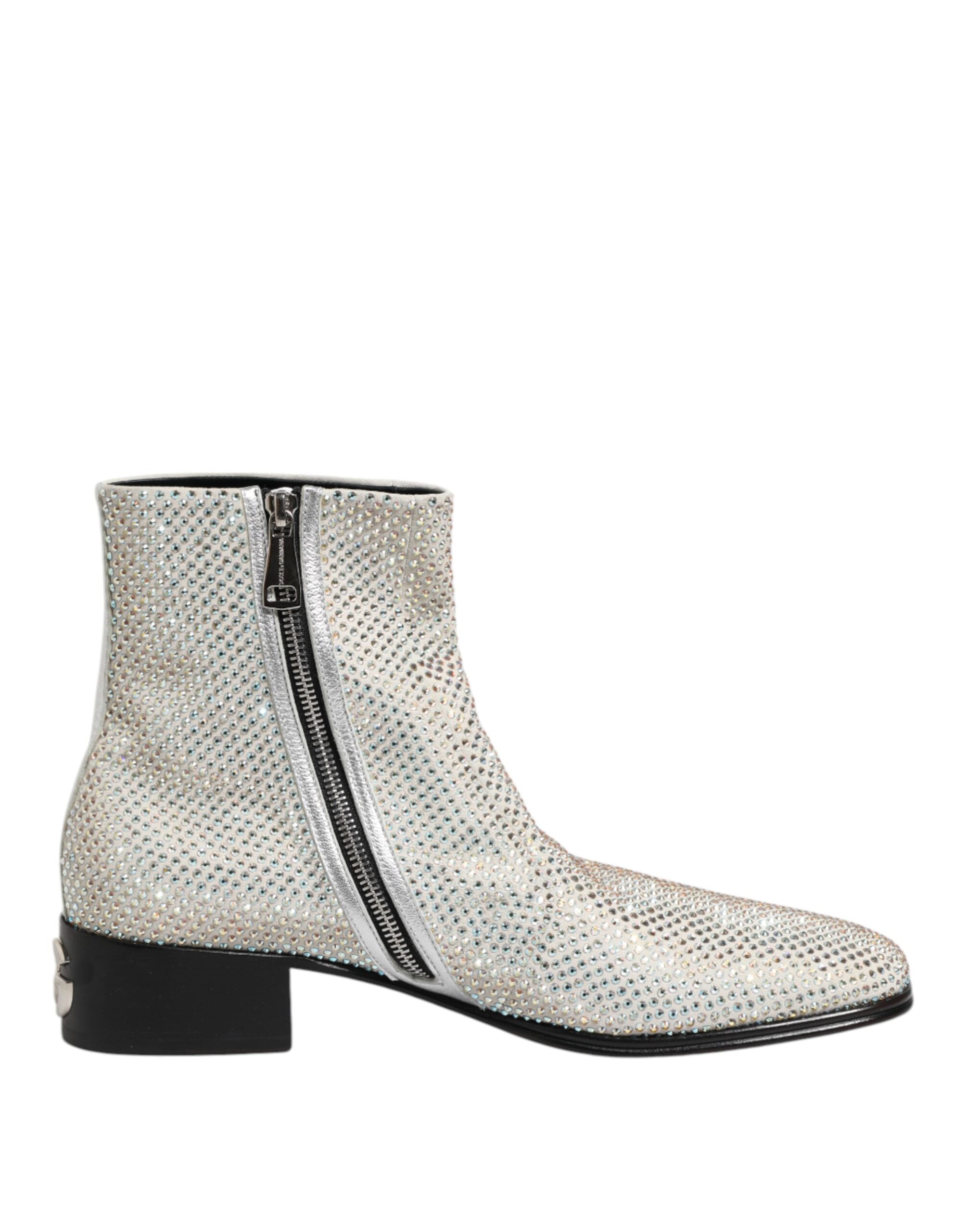 White Strass DG Logo Heels Ankle Boots Shoes - ventzia