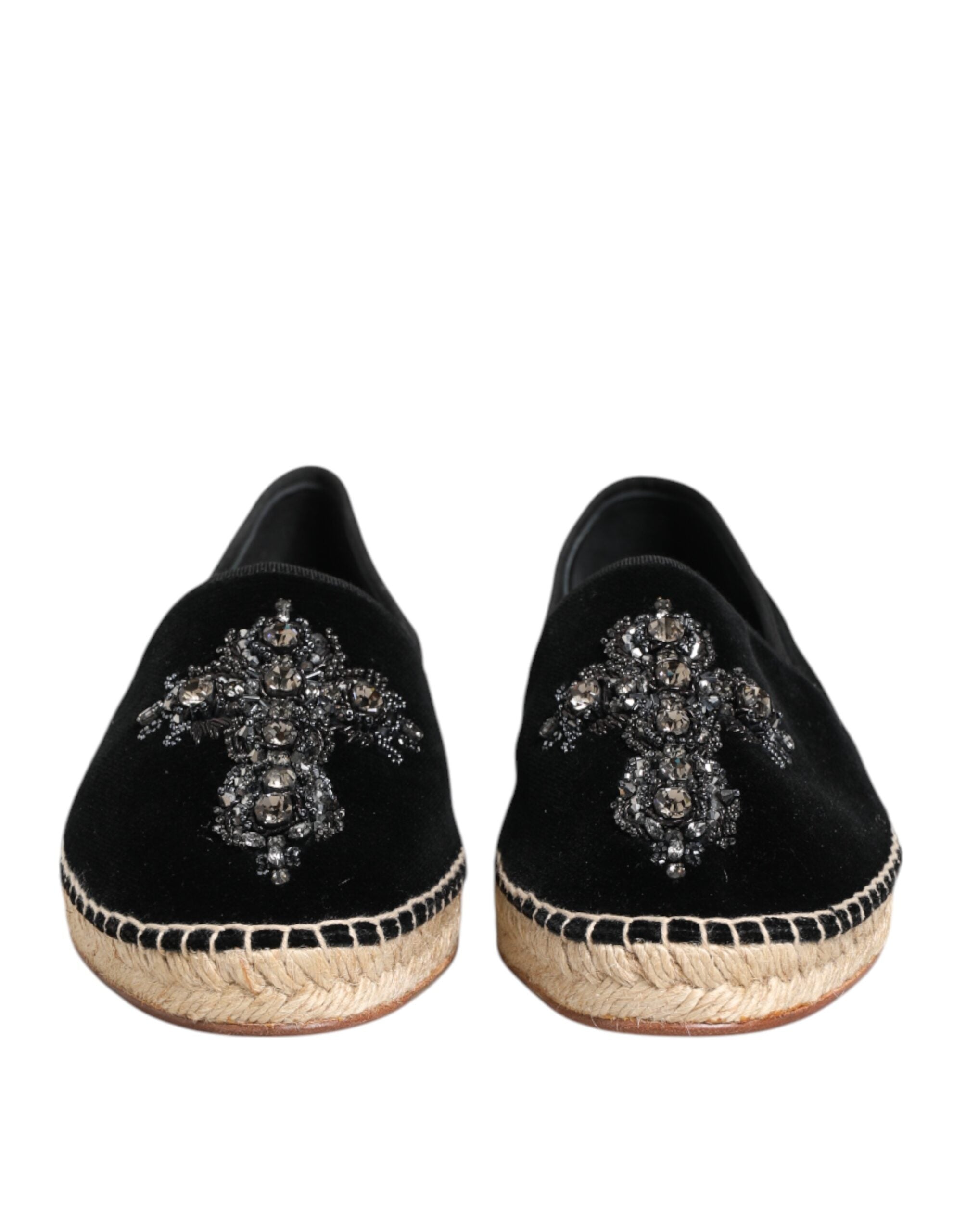 Black Cross Crystal Slip On Espadrille Shoes - ventzia