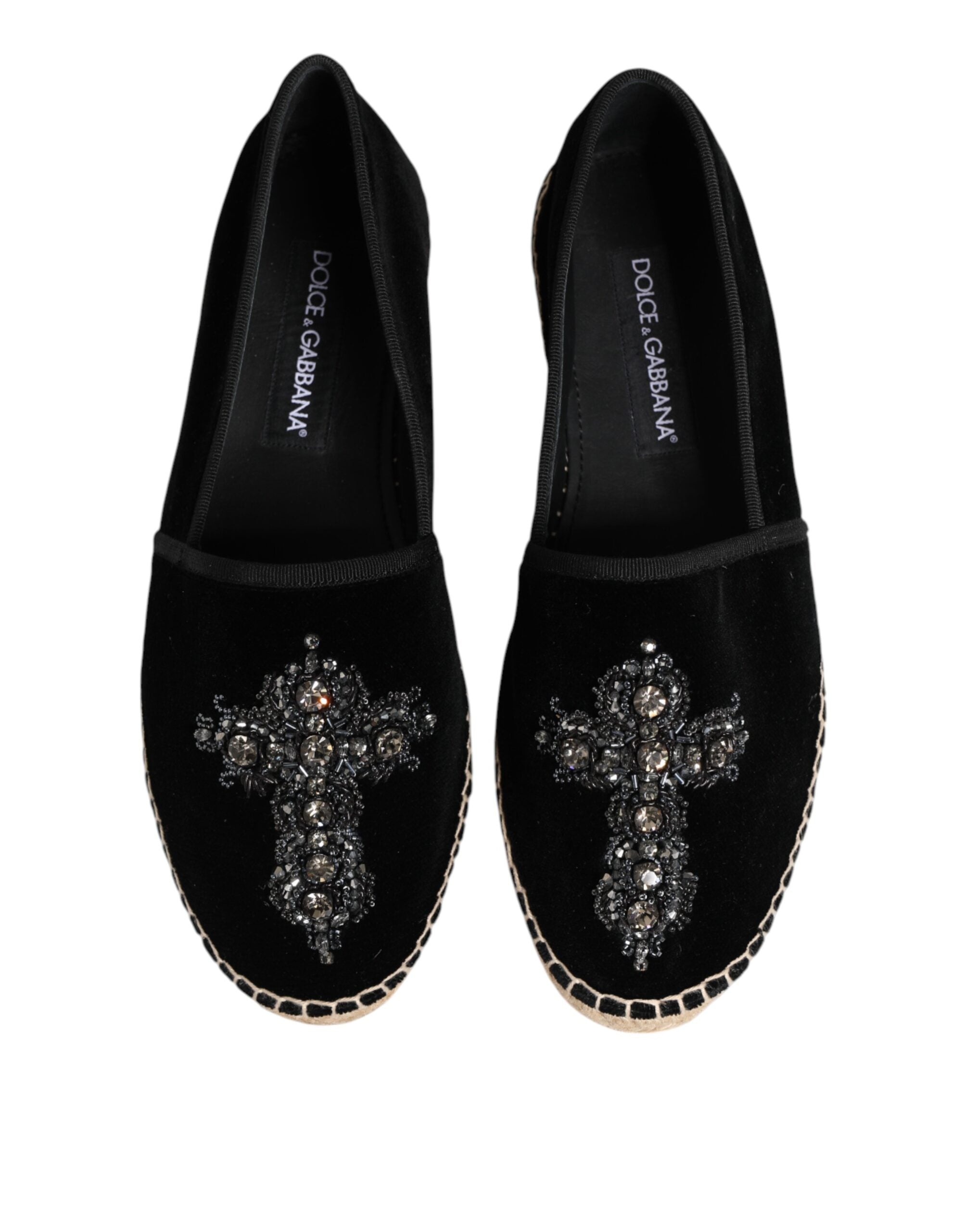 Black Cross Crystal Slip On Espadrille Shoes - ventzia