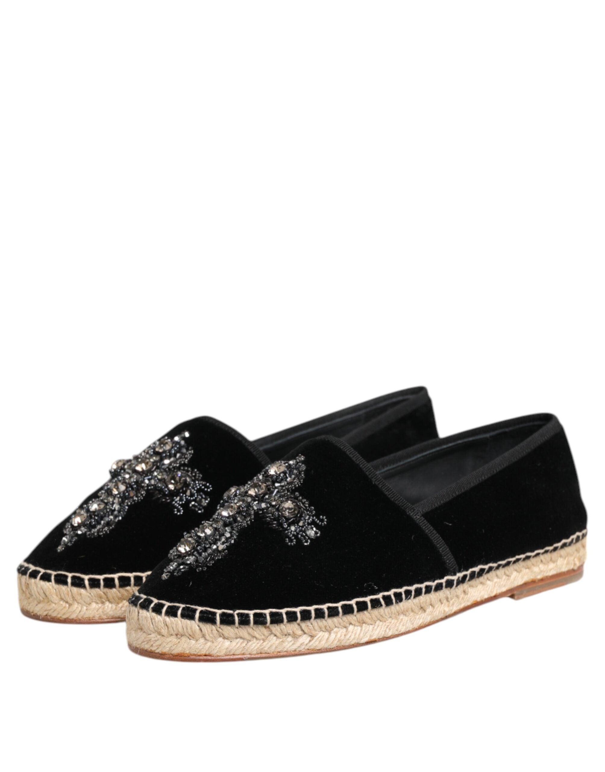 Black Cross Crystal Slip On Espadrille Shoes - ventzia