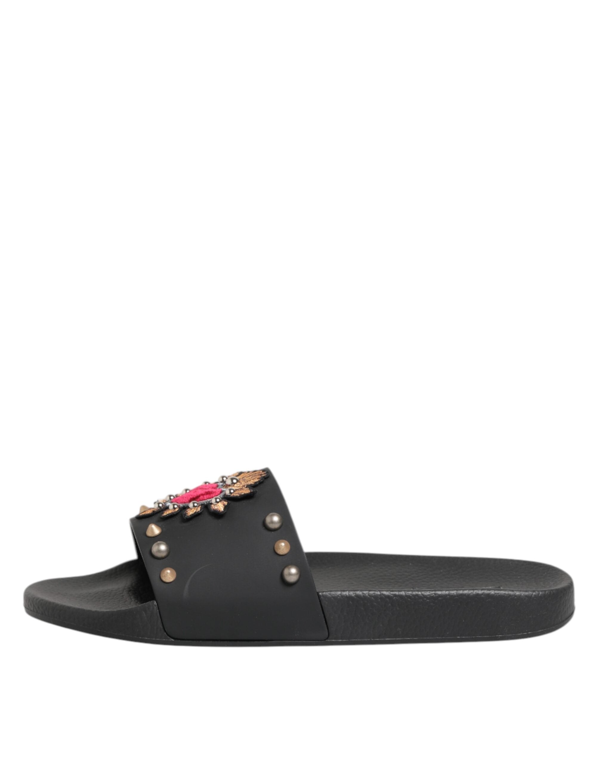Black Rubber Sacred Heart Slides Men Beachwear Shoes - ventzia