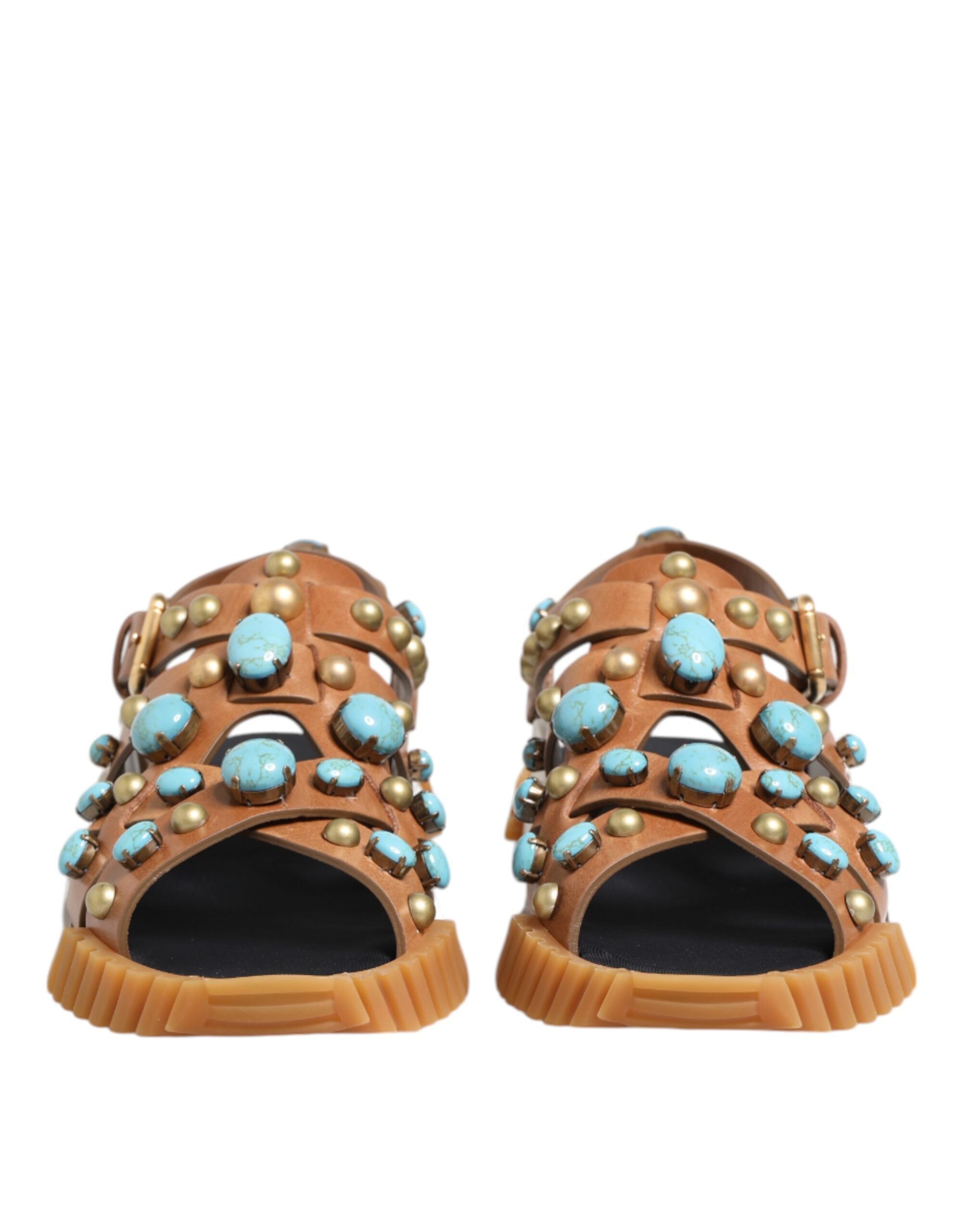 Brown Leather Studded Slides Sandals Shoes - ventzia