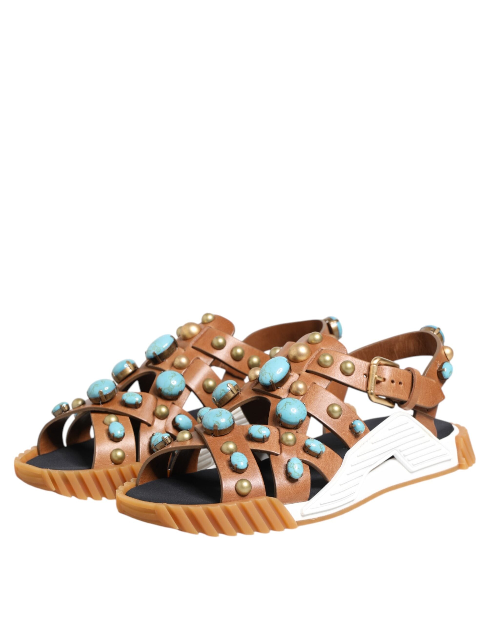Brown Leather Studded Slides Sandals Shoes - ventzia