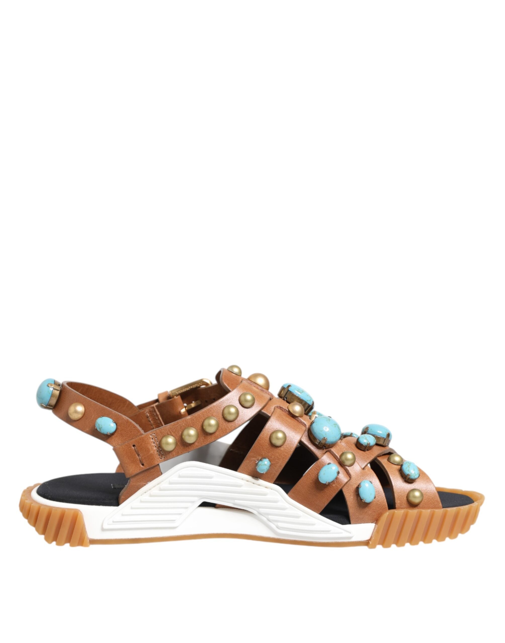 Brown Leather Studded Slides Sandals Shoes - ventzia