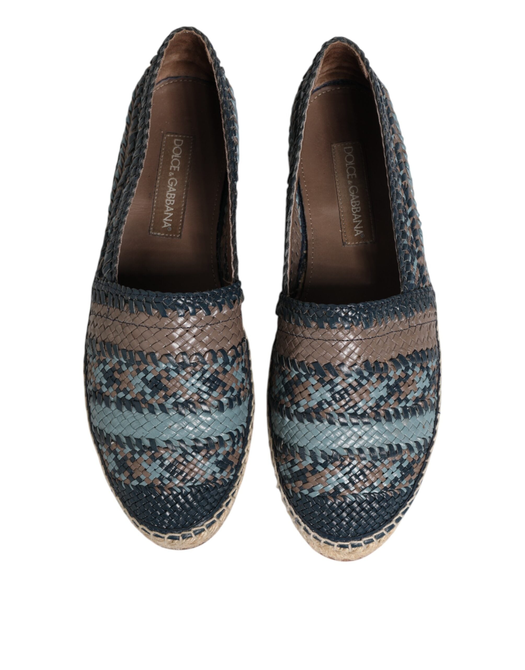 Blue Gray Woven Leather Buffalo Espadrille Shoes - ventzia