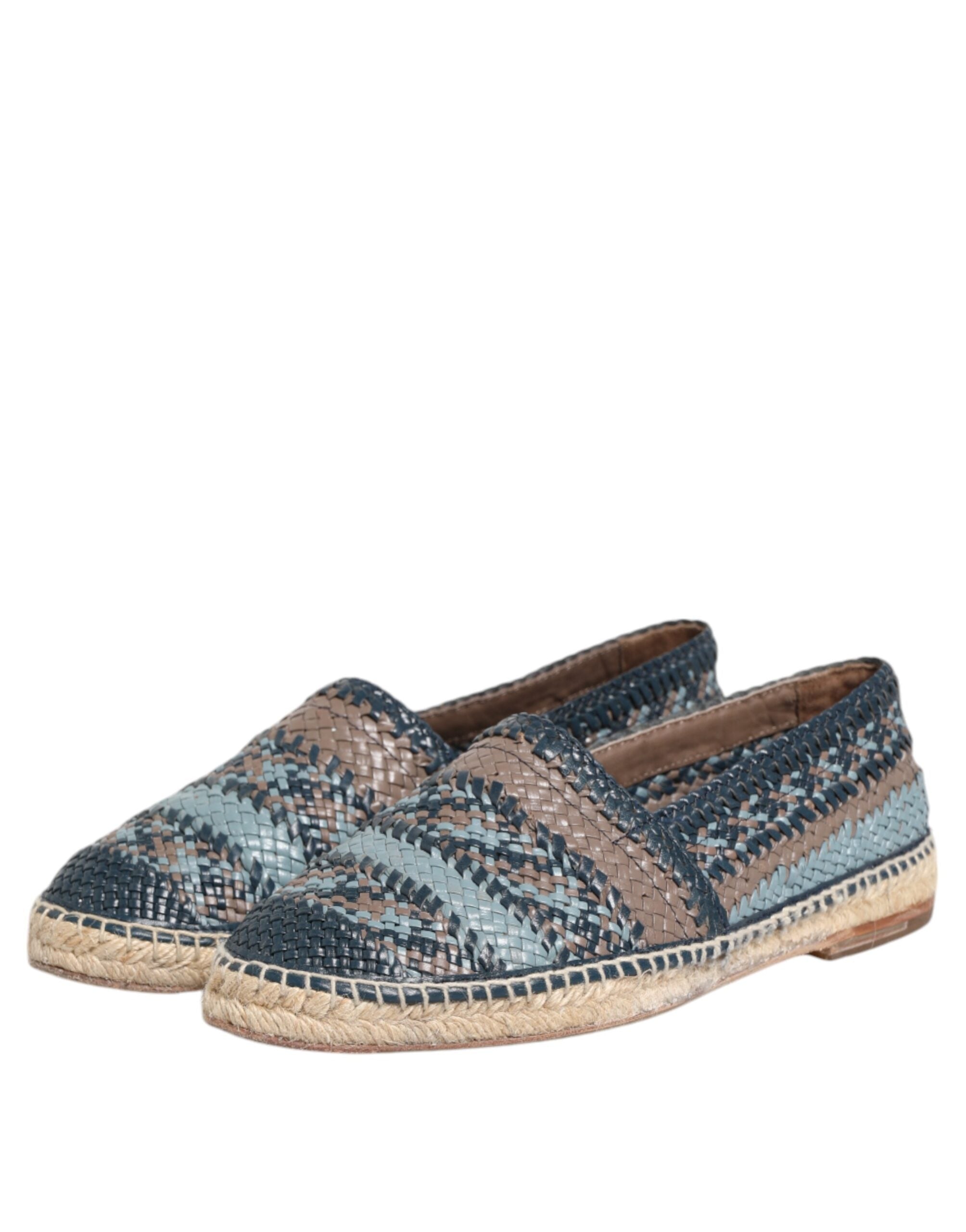Blue Gray Woven Leather Buffalo Espadrille Shoes - ventzia