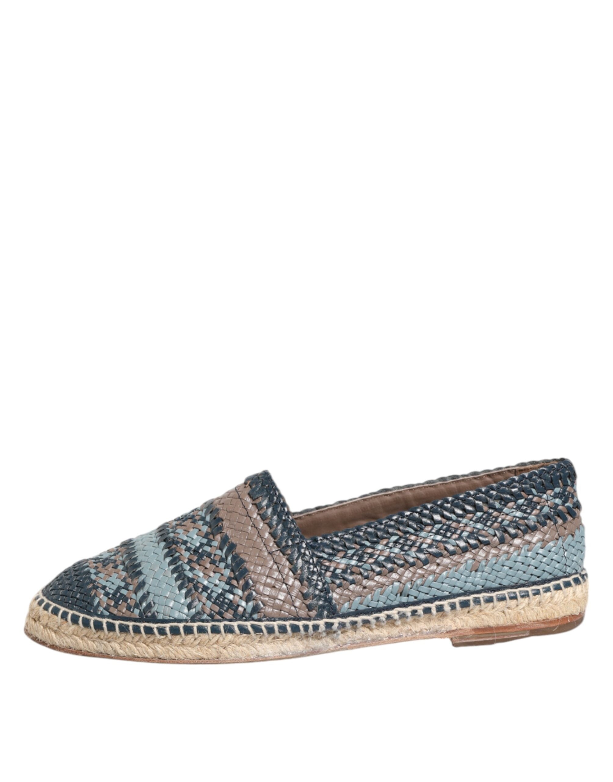 Blue Gray Woven Leather Buffalo Espadrille Shoes - ventzia