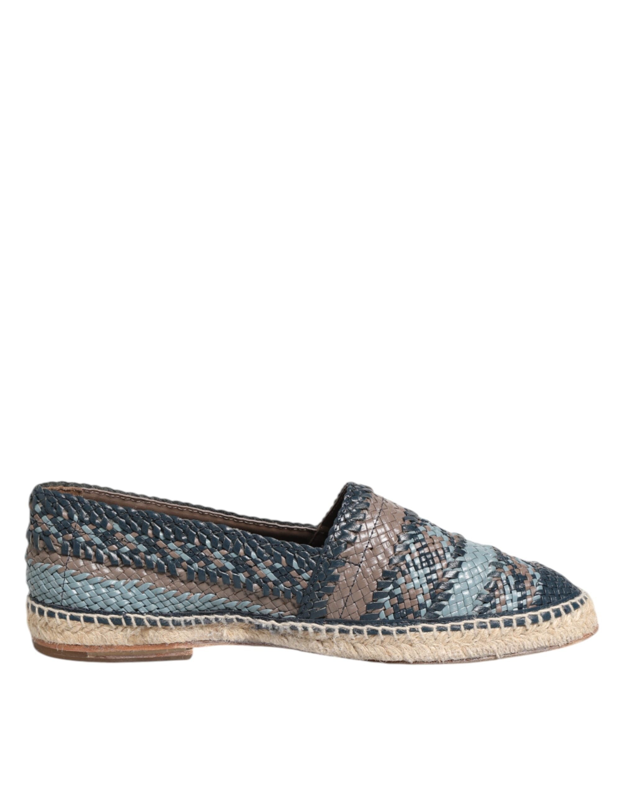 Blue Gray Woven Leather Buffalo Espadrille Shoes - ventzia