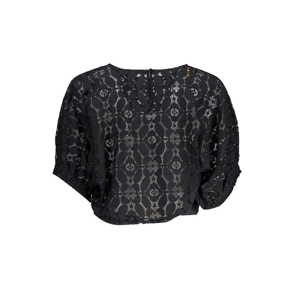 "Black Polyester Women Blouse with Contrasting Elastic Waistband" - ventzia